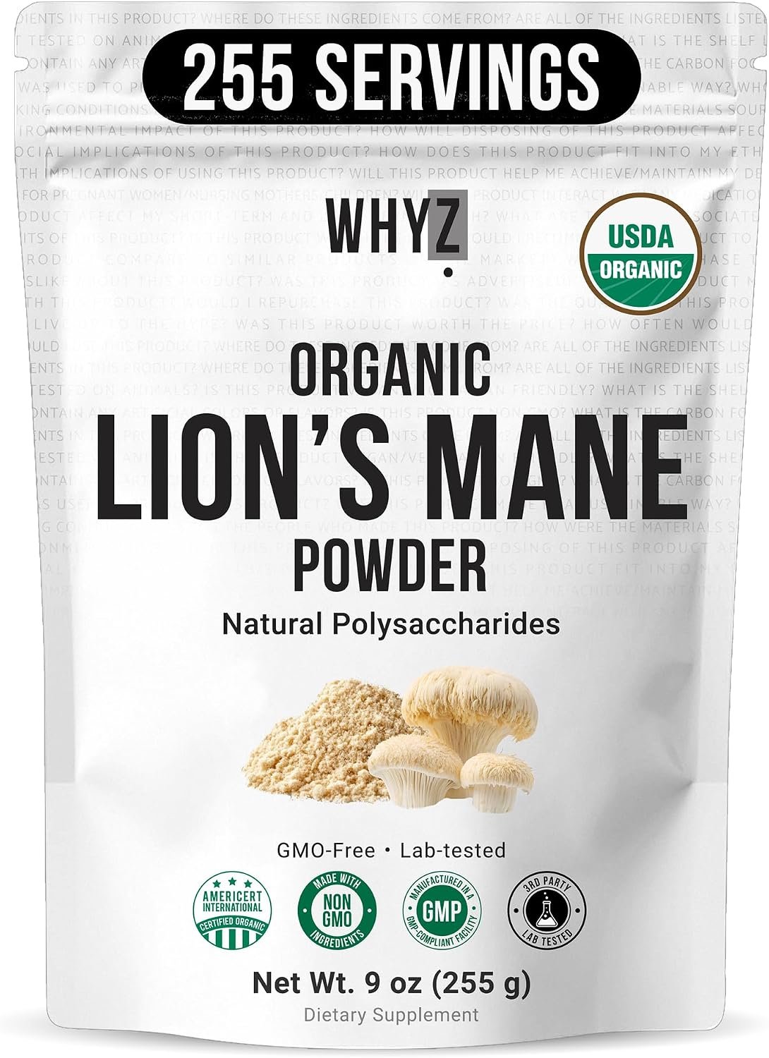 Organic Lion’s Mane Mushroom Powder Fruiting Body Superfood Freeze-Dried Unflavored Natural Polysaccharides for Smoothies Coffee Supports Brain Focus Energy Vegan Gluten-Free Non-GMO, 9 oz (255g)