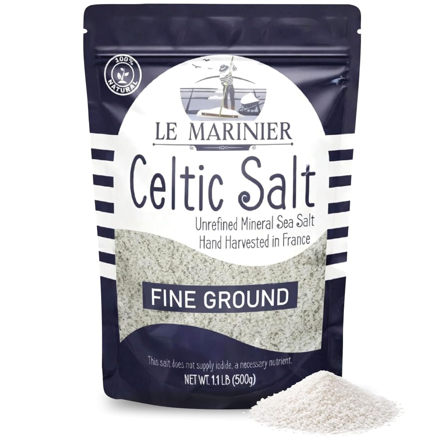 Le Marinier Celtic Salt Organic Fine Ground, 1.1lb – 18oz | Mineral Rich, 100% Natural, Unrefined French Sea Salt, Celtic Salt Organic 80+ Minerals, Hand Harvested, Cooking, Baking, Hydration (1.1lb Fine Ground)