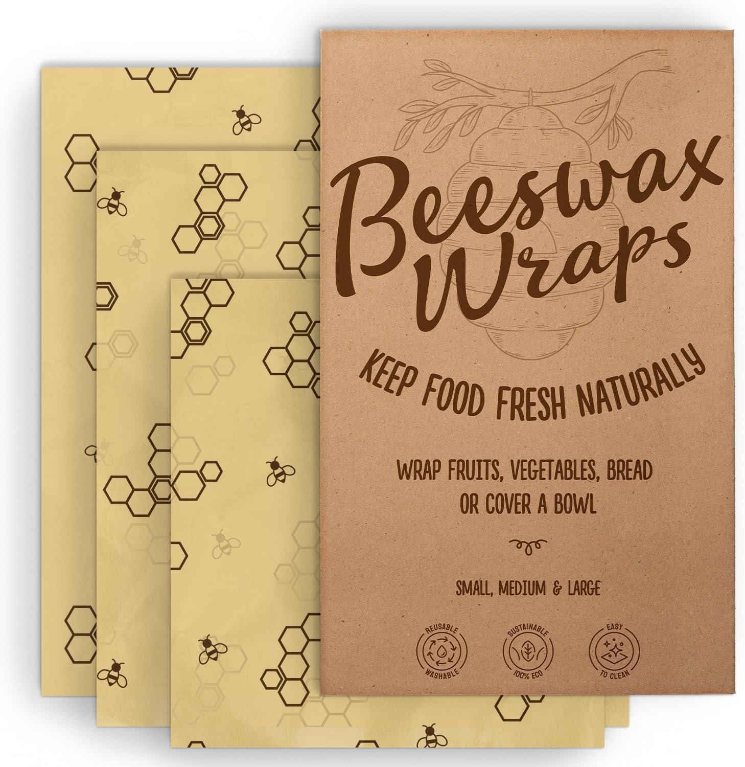Bee’s Wrap Reusable, Eco Friendly Beeswax Food Wraps, Organic Cotton Food Storage, Assorted Pack of 3 (S, M, L) – Sustainable, Durable, Washable