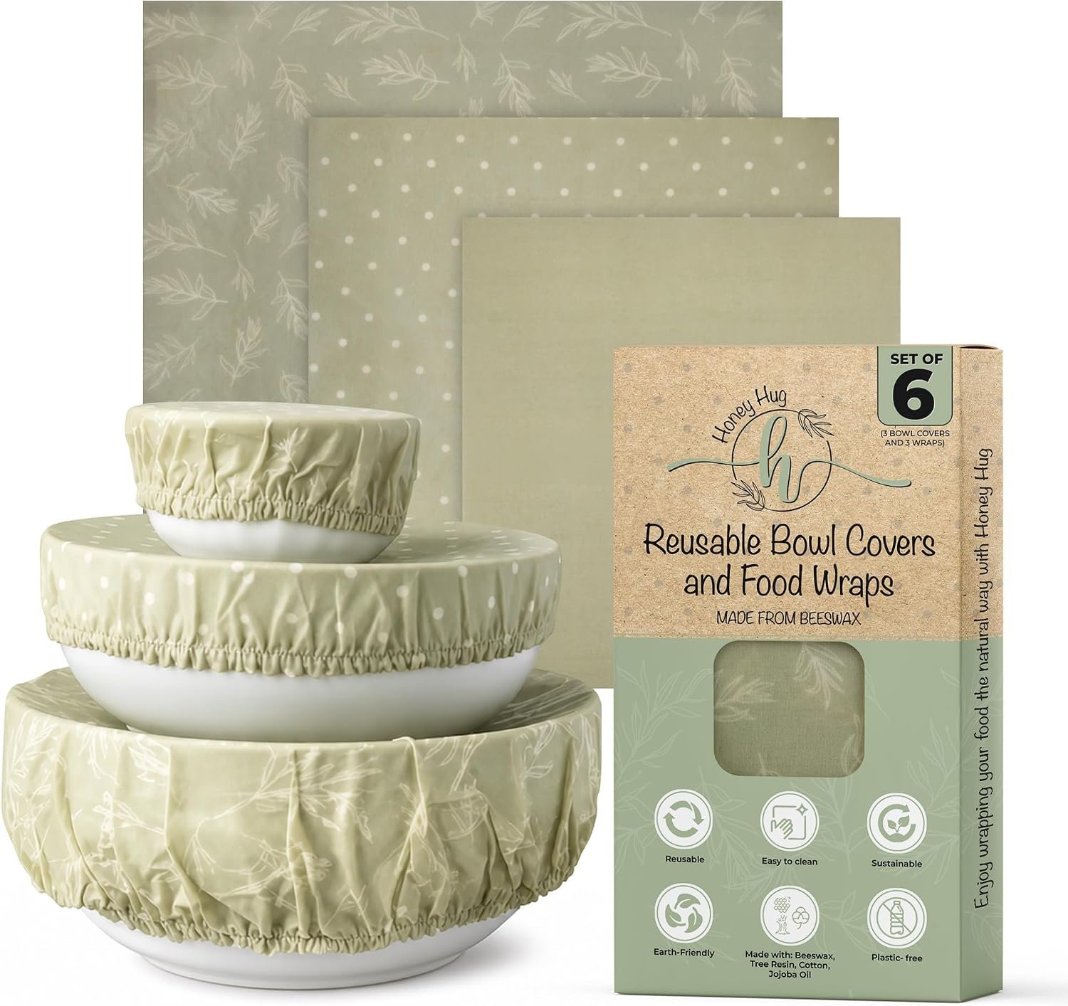 Beeswax Wraps for Food – 6 Pack Reusable Beeswax Food Wraps & Bowl Covers | Sustainable Food Storage for Bread, Produce & Sourdough | Easy to Clean, Plastic Free Alternative