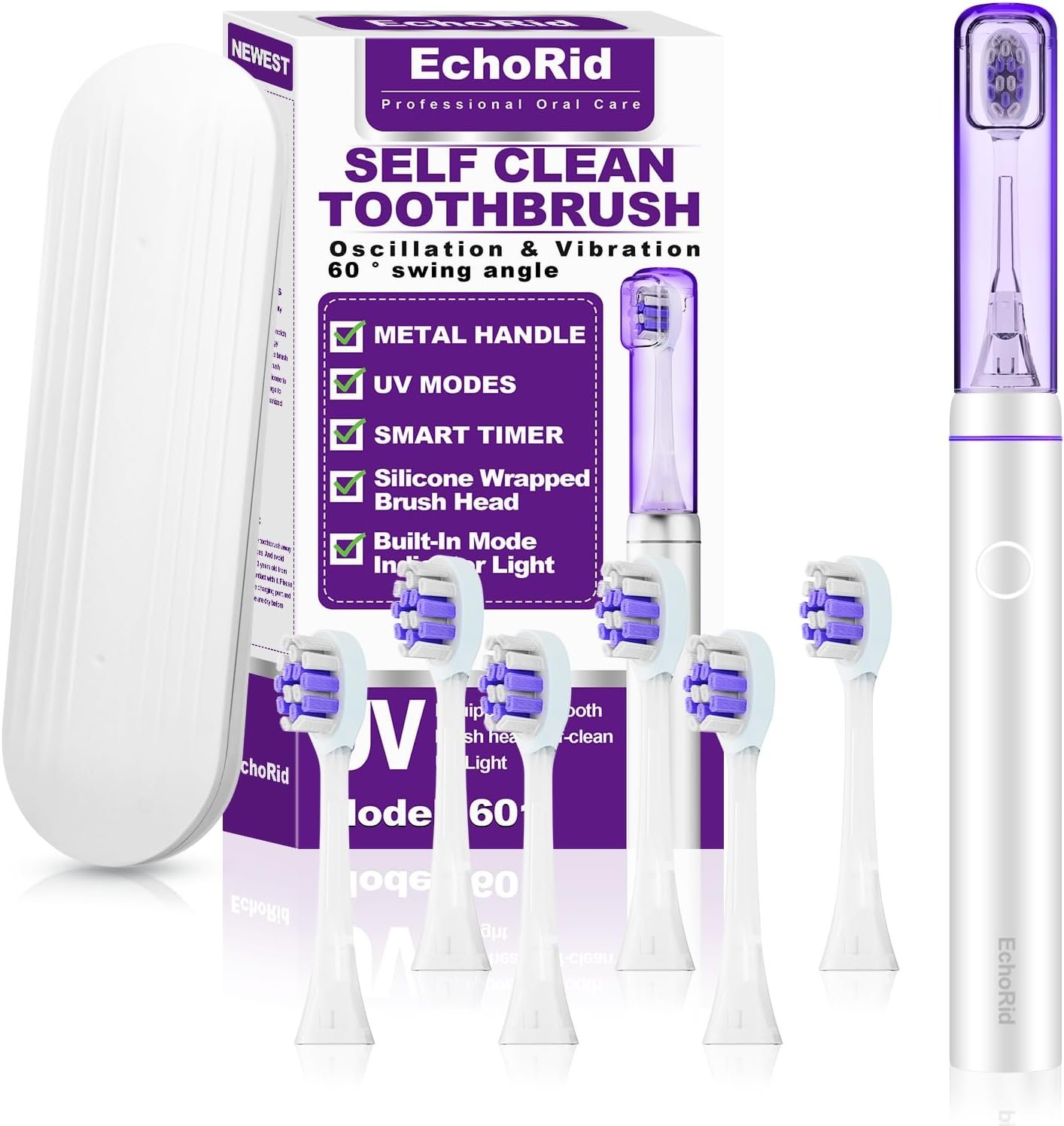 Metal Electric Toothbrush with UV Mode，Vibration and Oscillation Travel Toothbrush for Adults and Teen，6 Brush Heads & Travel Case & Dust Cover, 5 Modes & Timer, One Charge Last 120 Day（Grey）