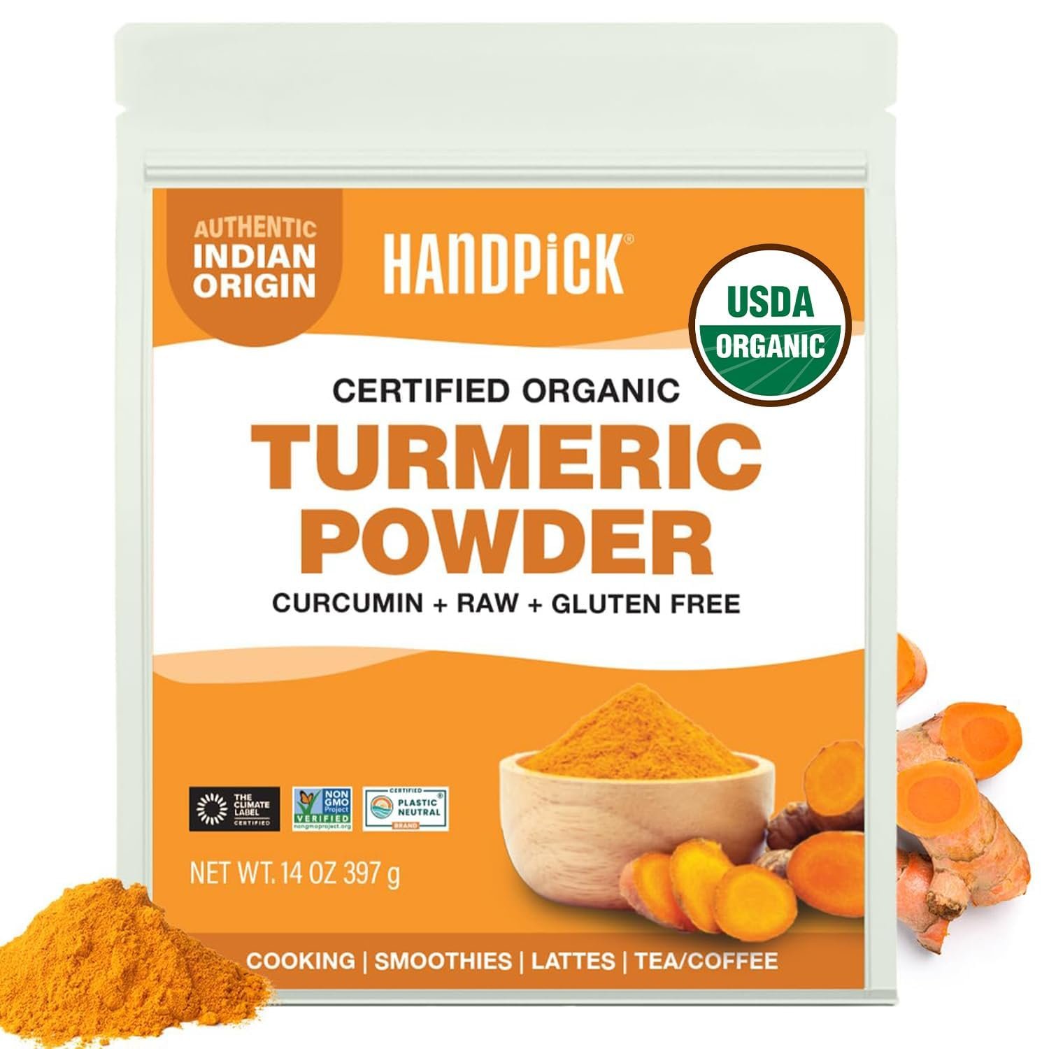HANDPICK Organic Turmeric Powder with Curucmin(14oz)100% Pure, Natural
