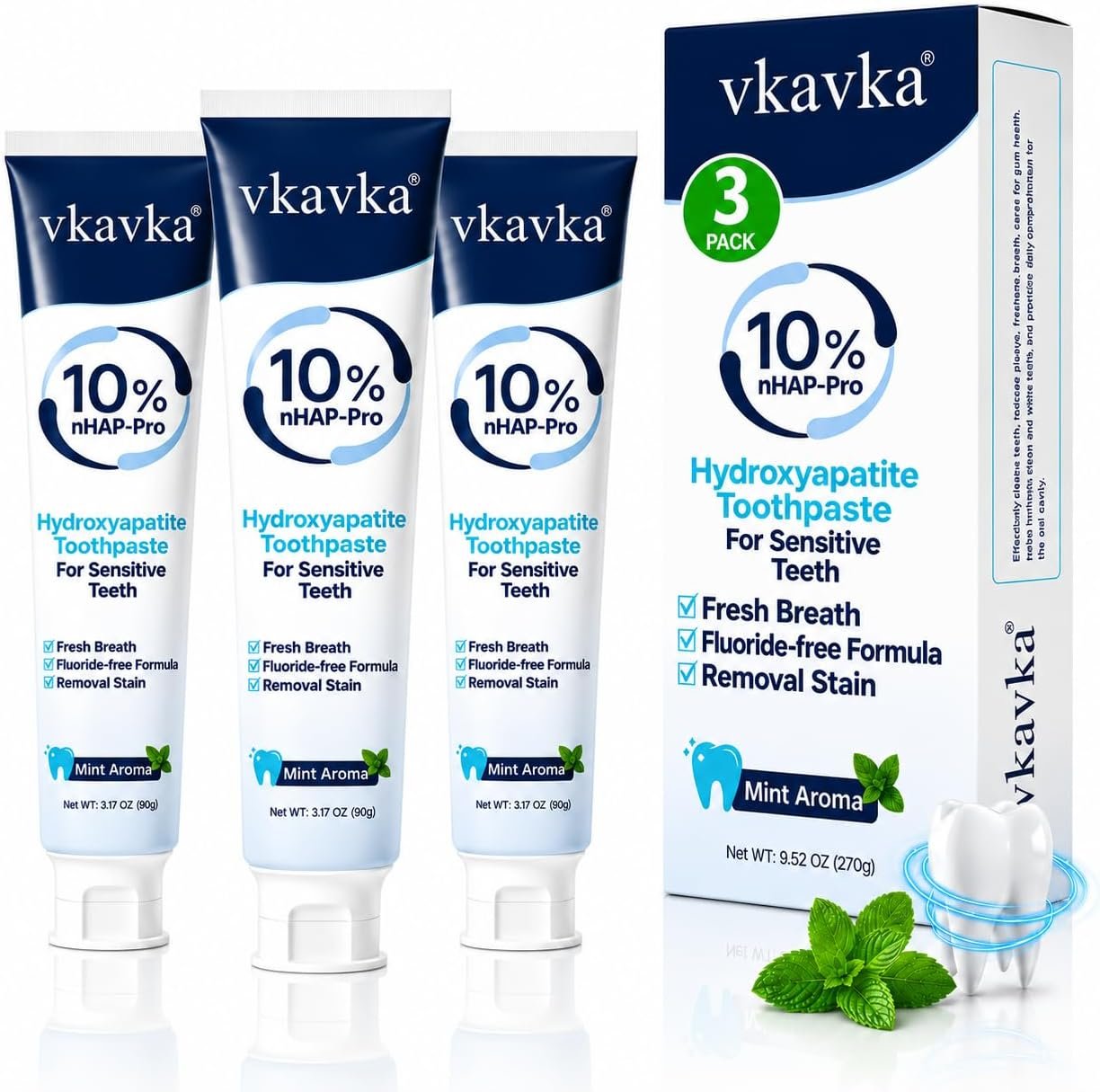 10% Hydroxyapatite Toothpaste 3 Packs, Fluoride Free Nano Hydroxyapatite Toothpaste, Protects Enamel and Strengthens Teeth, Clean Breath and Cares for Oral Health Mint Flavor 9.52 OZ