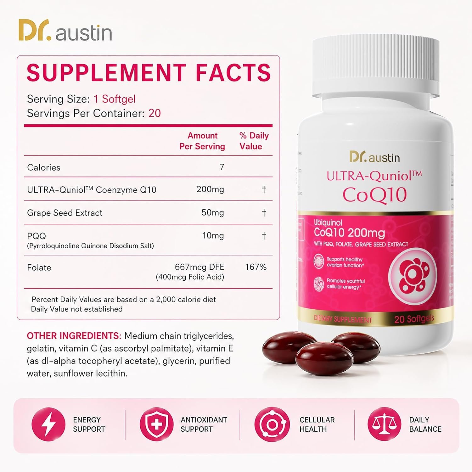 Dr. Austin CoQ10 200mg Ubiquinol Softgels with PQQ, Grape Seed Extract & Folate, High Absorption Q10 Supplement for Heart, Energy & Cellular Wellness