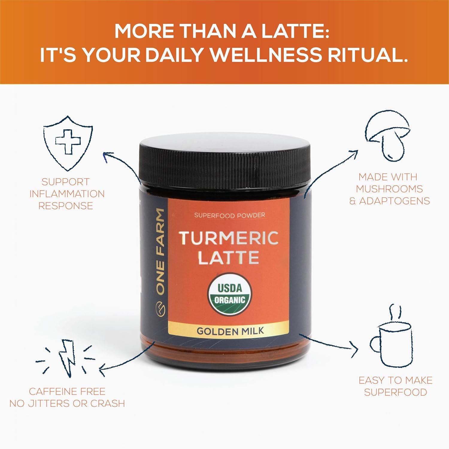 One Farm by WAAYB Turmeric Latte Powder – USDA Organic >5% Curcuminoid Turmeric, Lions Mane, Ashwagandha, Ginger, Cinnamon in a Resealable Glass Jar, 45 Servings – Perfect for Making Golden Milk
