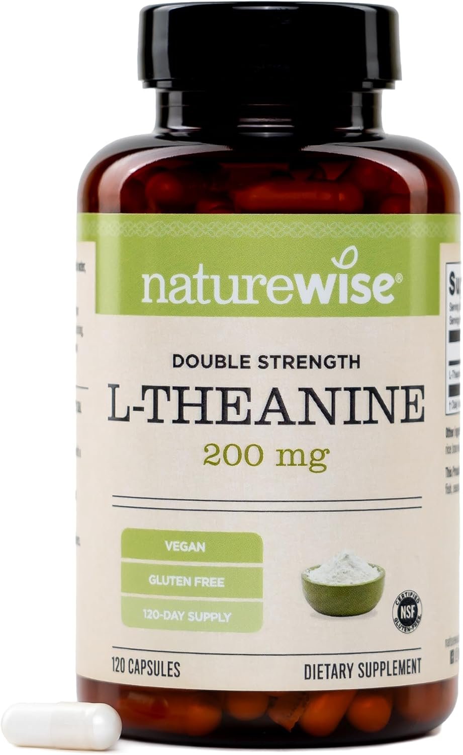NatureWise Double Strength L-Theanine 200mg – Vegan L Theanine Supplement for Relaxation + Sleep Support – NSF Gluten-Free Certified – Non-GMO, USA Manufactured – 120 Capsules[120 Day Supply]