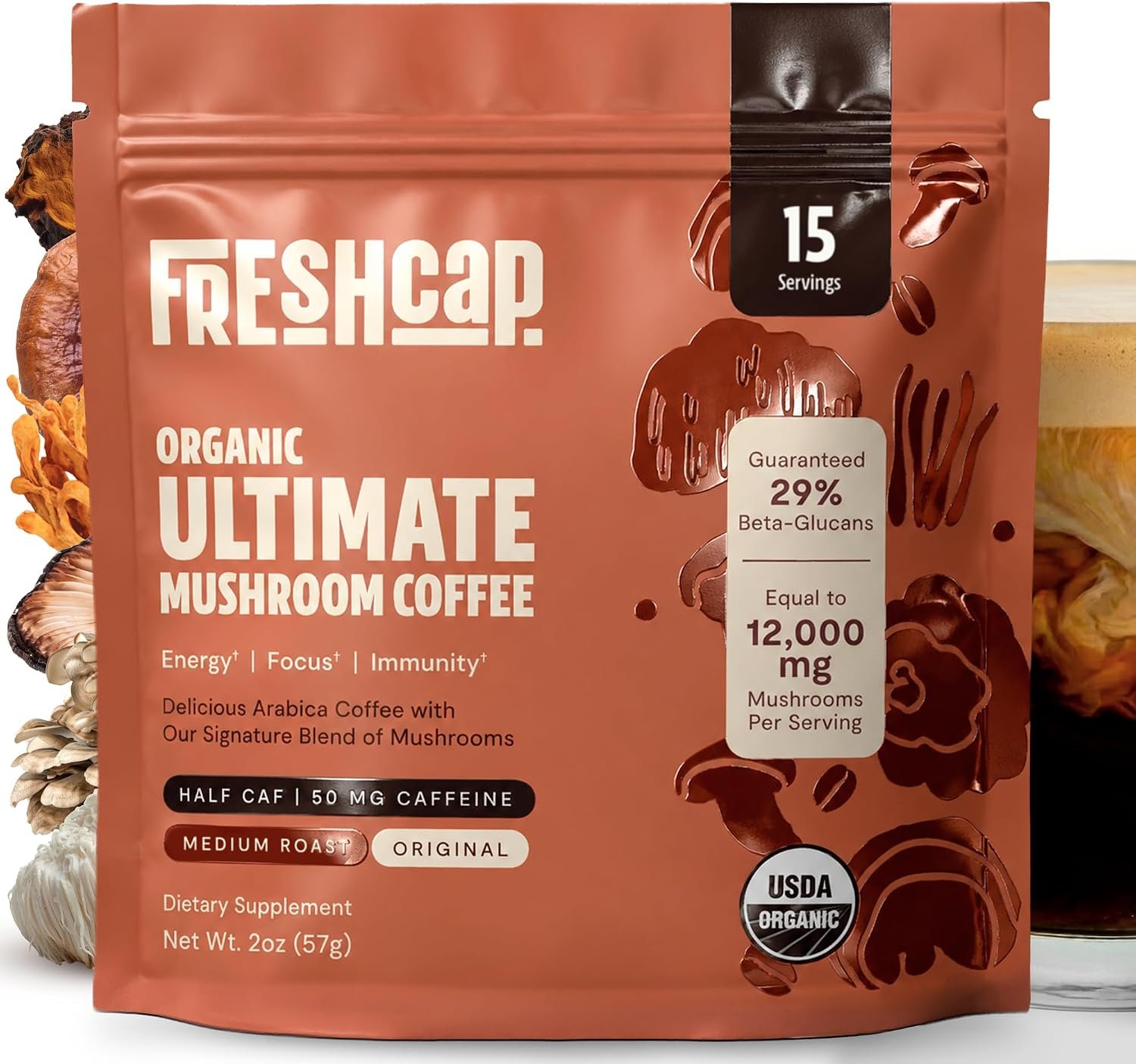 Freshcap Premium Mushroom Coffee, Organic Instant Coffee, 15 Servings