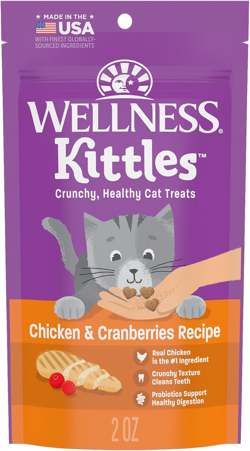 Wellness Kittles Crunchy Cat Treats, All Lifestages, Kitten to Senior, Natural, Grain Free, Chicken and Cranberry Flavor, 2 oz Bag