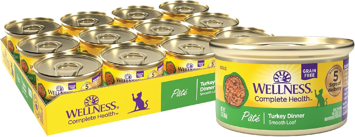 Wellness Complete Health Pate Adult Canned Wet Cat Food, Natural, Protein Rich, Grain Free, Turkey Dinner Recipe, 3 oz, Pack of 24 Cans