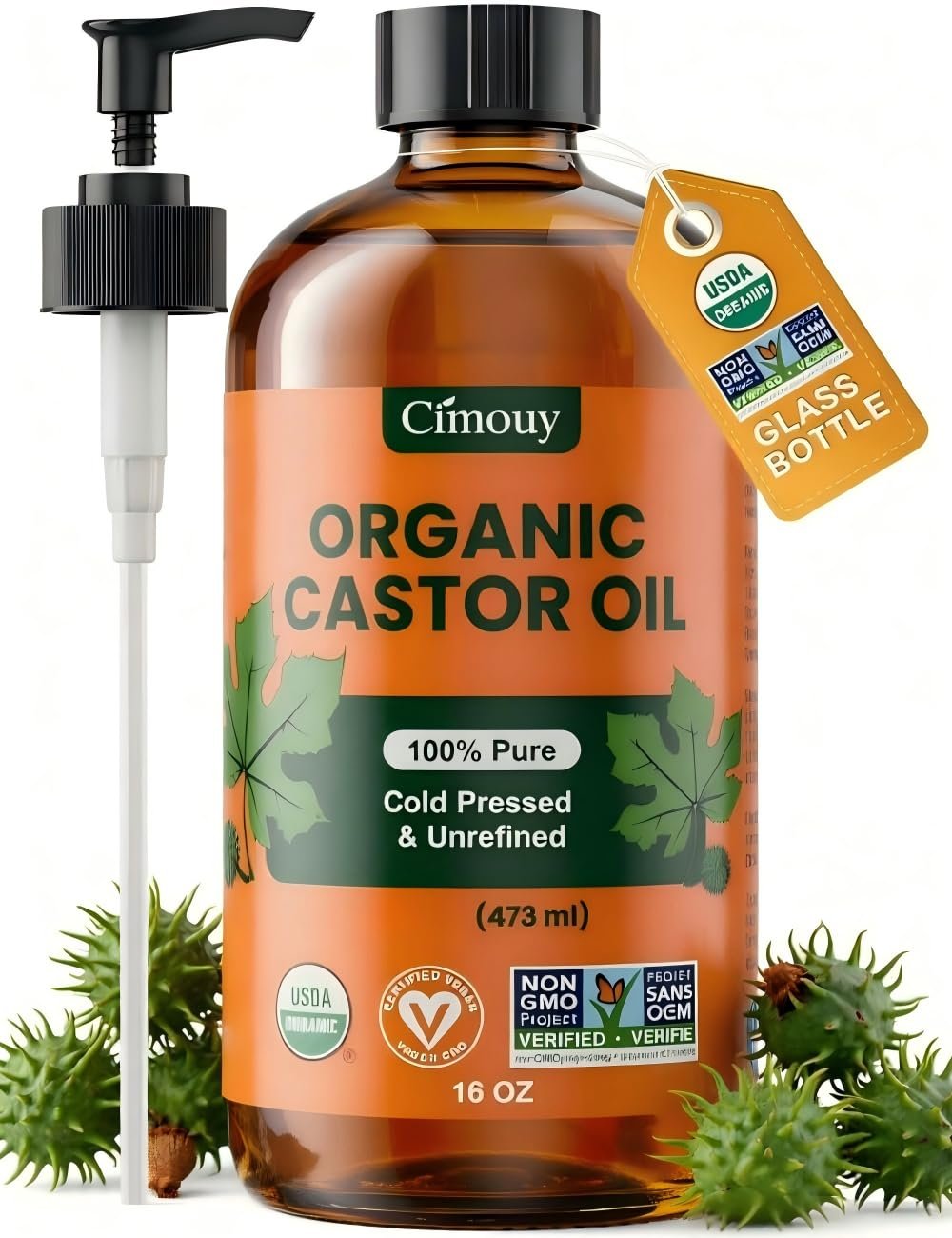 USDA Organic Castor Oil Glass Bottle 16oz,100%Pure,Vegan,Hexane Free