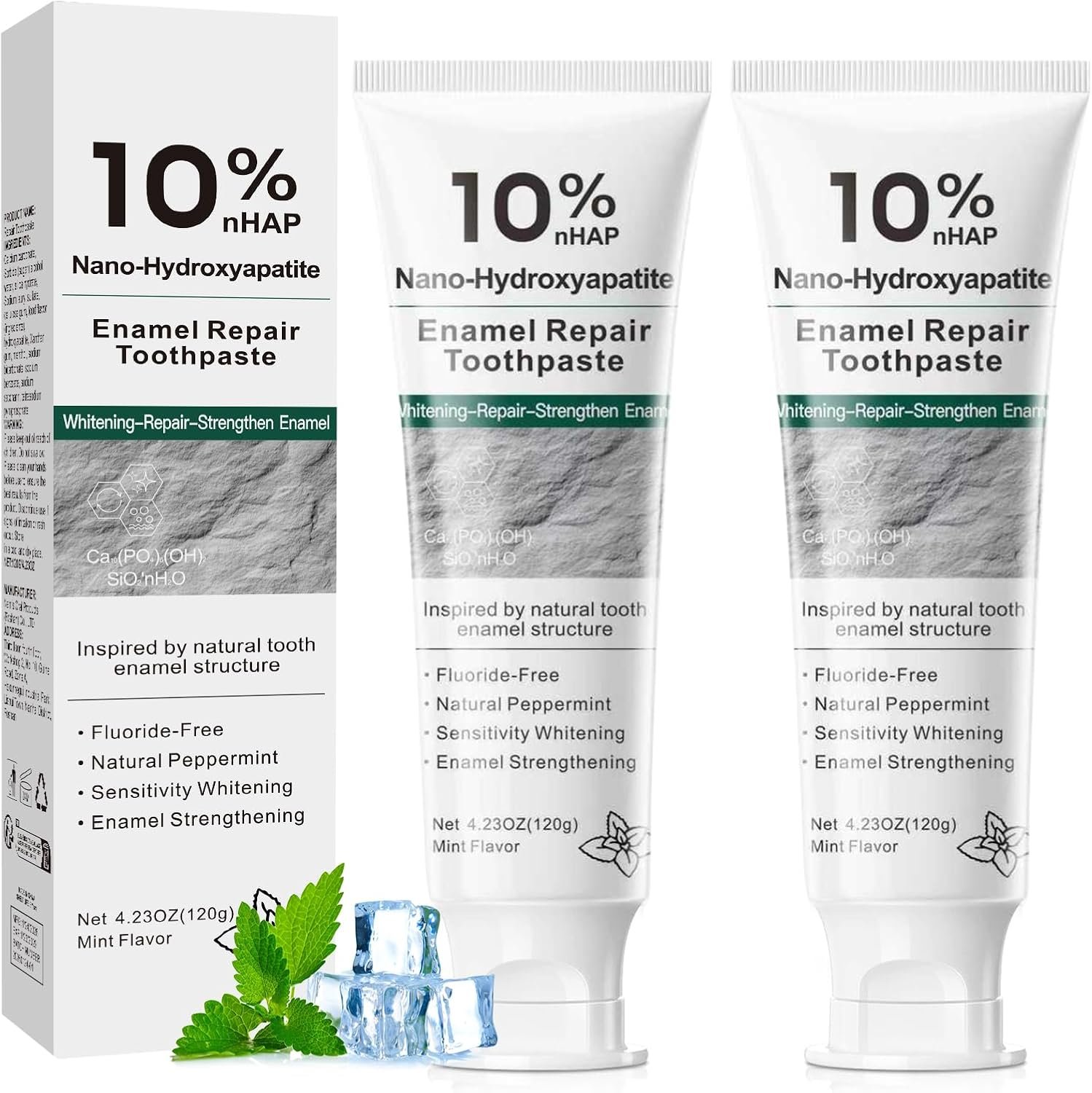 10% Nano Hydroxyapatite Toothpaste, Fluoride Free Toothpaste for Sensitive Teeth, Helps Strengthen Enamel, Freshens Breath, Daily Remineralizing Toothpaste for Adults, 2 Pack