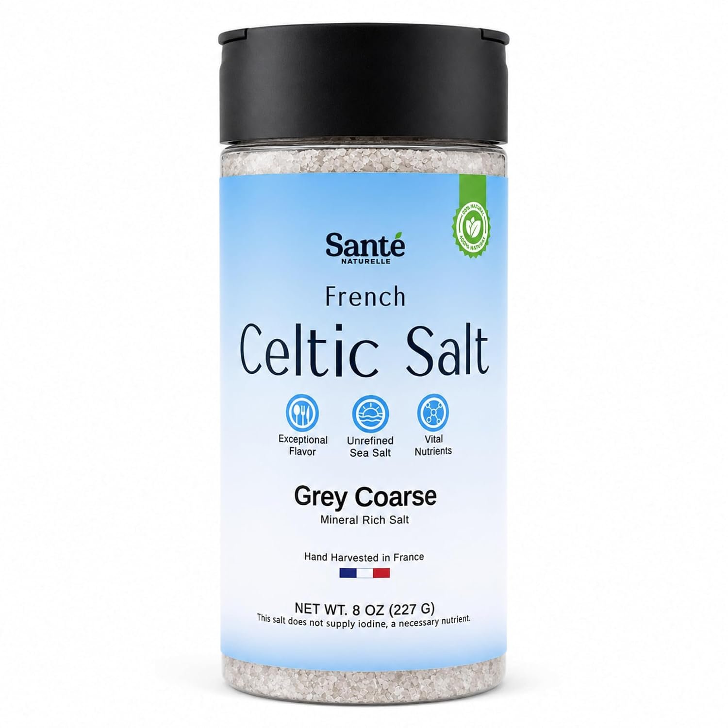 Sante Naturelle Celtic Salt Organic Grey Coarse Shaker – 8 oz. Mineral Salt, Unrefined French Sea Salt Organic, Rich in 82+ Minerals, 100% Natural & Hand Harvested Sal Celtica