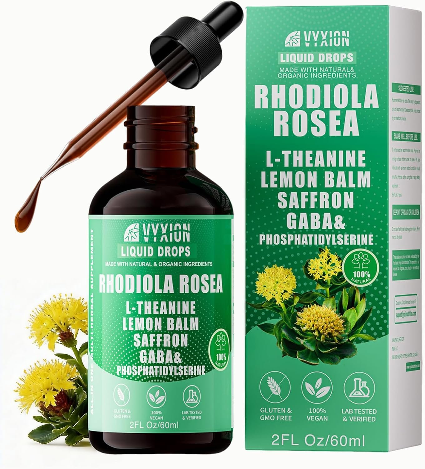 Vyxion Rhodiola Rosea Tincture, Supports Mood, Stress, Calm & Focus, 10-in-1 Liquid Drops with Saffron, GABA & L-Theanine, Vegan, Alcohol-Free, Wellness Routine, 60ml, Herbal Formula