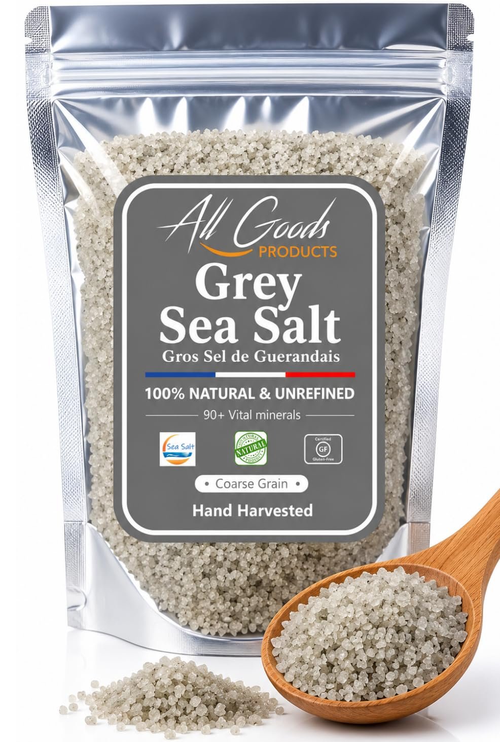 All Goods Mineral French Grey Sea Salt – Coarse 142 Grams, 82 Mineral-Rich, Naturally Hand-Harvested, from Pristine Coastal Waters of France for Gourmet Flavor & Authentic Culinary Excellence. Les Guérandais.