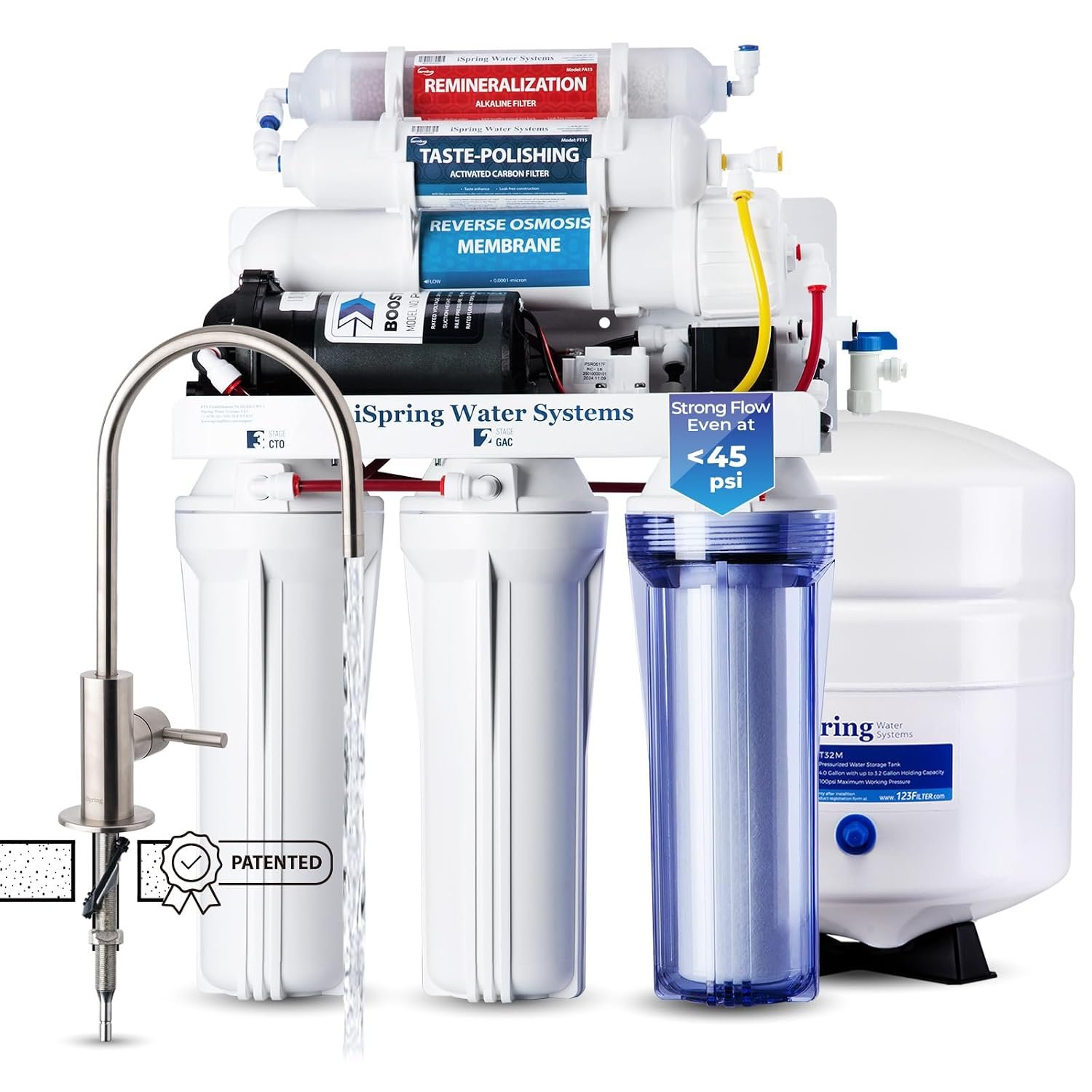 iSpring RCC7P-AK, 6-Stage Reverse Osmosis System Under Sink Alkaline Water Filter and Pump, RO Drinking Water Filtration System, Patented Top-Mounted Faucet Design for Easy Installation