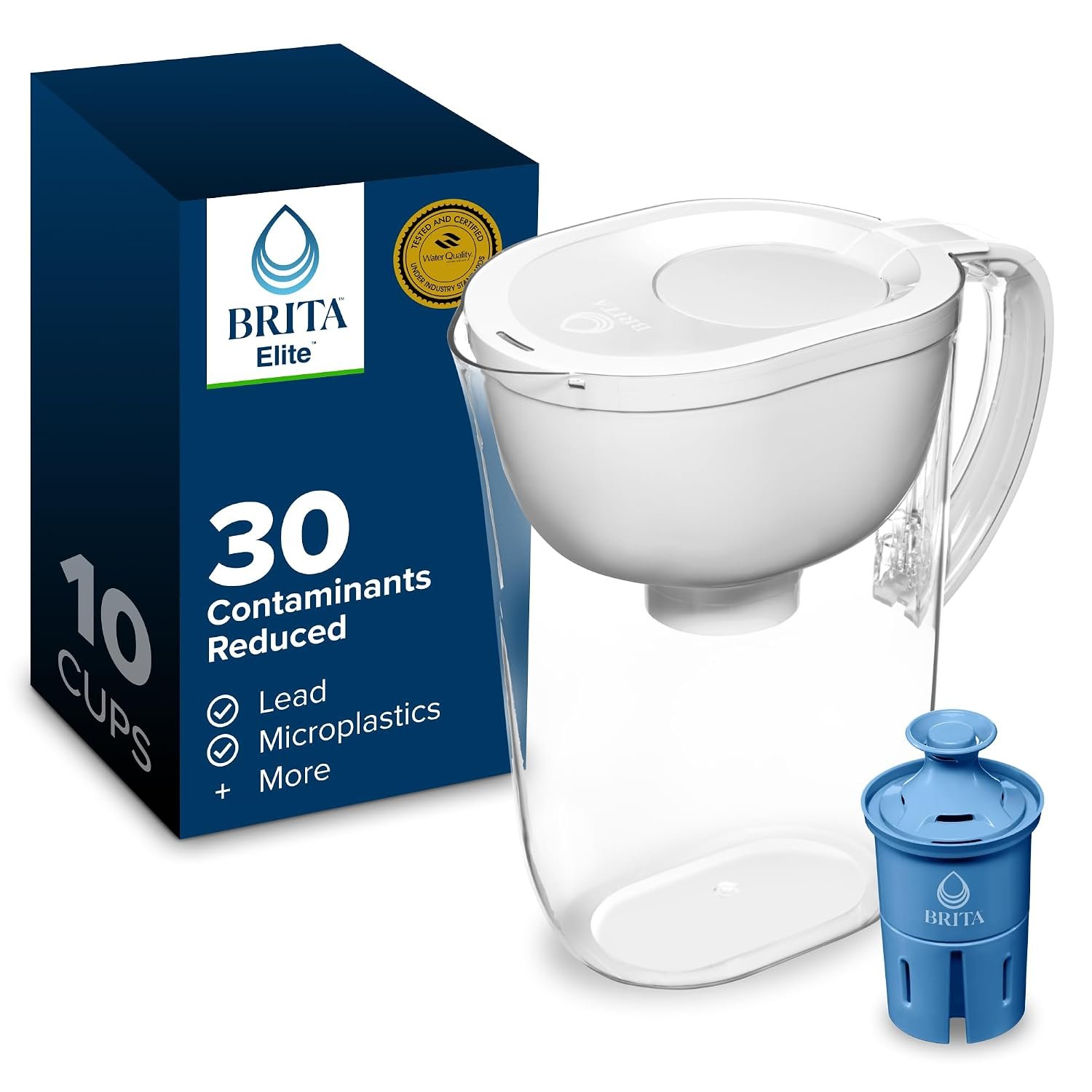 Brita Large 10-Cup Elite Water Filter Pitcher, WQA NSF/ANSI Certified, Reduces 99% of Lead, Microplastics, & 30 Contaminants, BPA-Free, Removes Chlorine Taste & Odor, 1 Filter Included, White