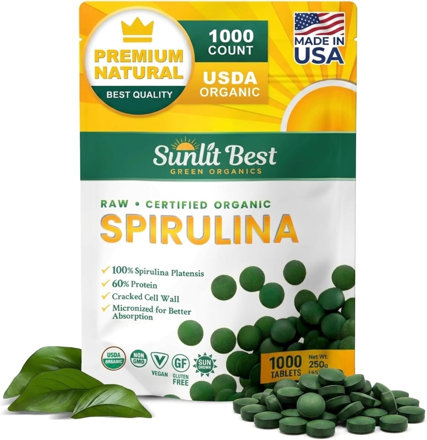 Sunlit Best Organic Spirulina Tablets, Pure Natural Superfood Pills 1000 CT