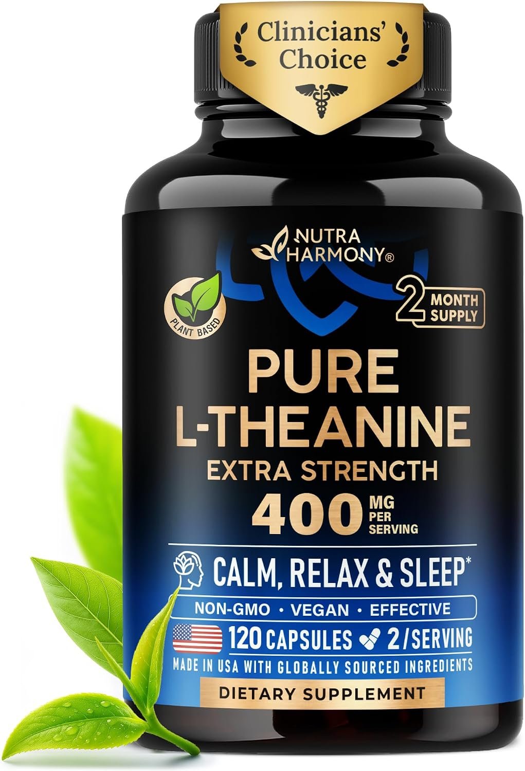 L-Theanine 400 mg – L Theanine for Stress Relief – Plant Based – 120 Caps