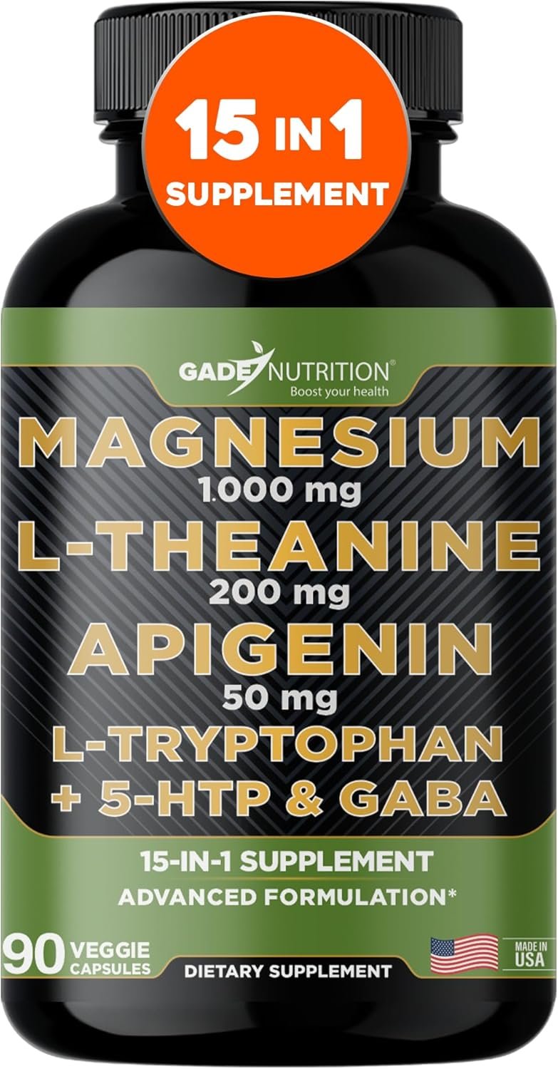 Gade Nutrition Magnesium Glycinate Complex L Theanine 200 mg Sleep Aid Apigenin, GABA, 5 HTP | Brain Supplements for Memory and Focus Ashwagandha Chamomile | Made in USA | 90 Capsules