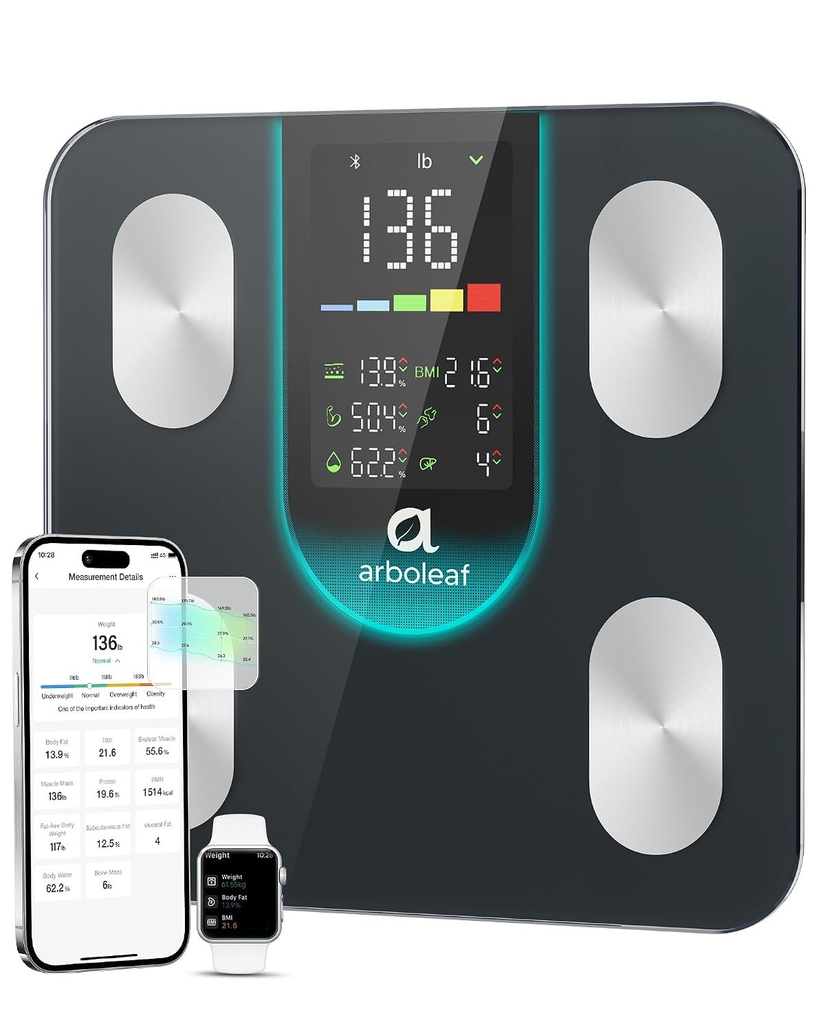 Arboleaf Smart Scale for Body Weight and Fat, 14 Metrics in App, Black