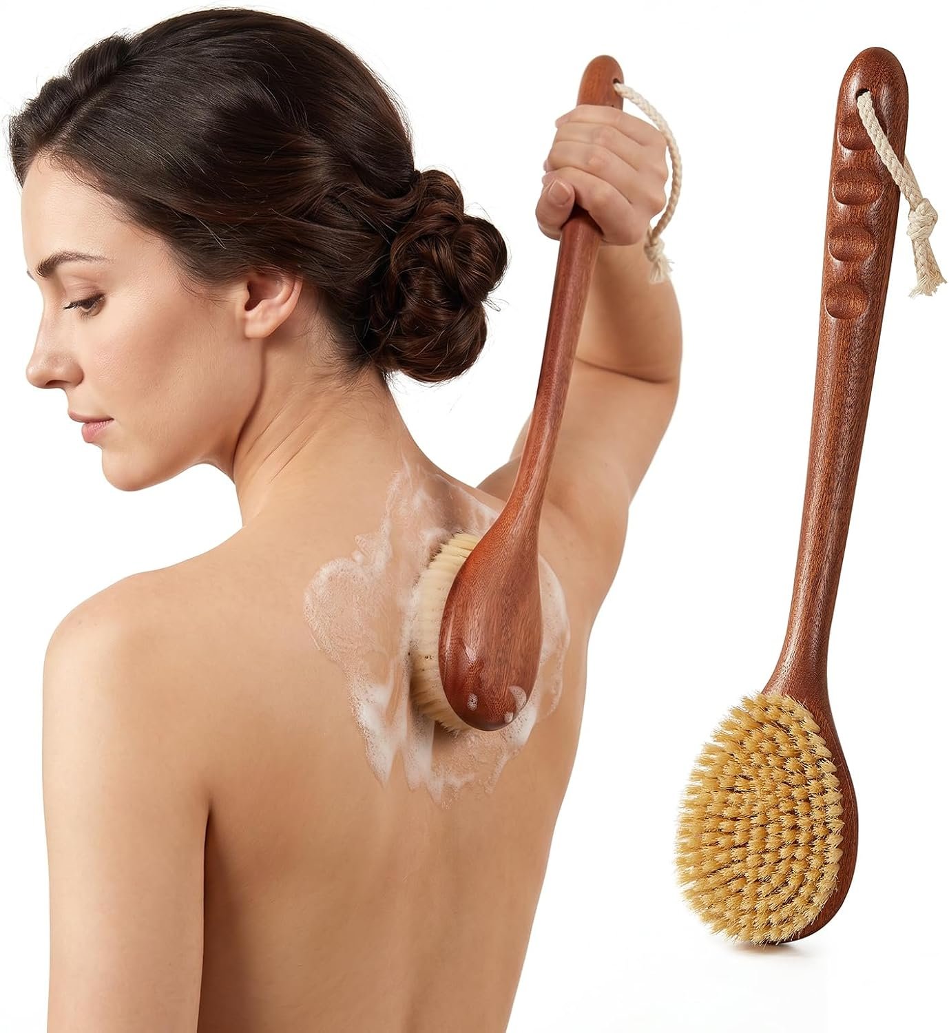 Dry Brushing Body Brush, 16Inch Long Handle Natural Back Scrubber for Shower for Lymphatic Drainage, Exfoliating & Cellulite – Wood Shower Brush for Men, Women & Elderly