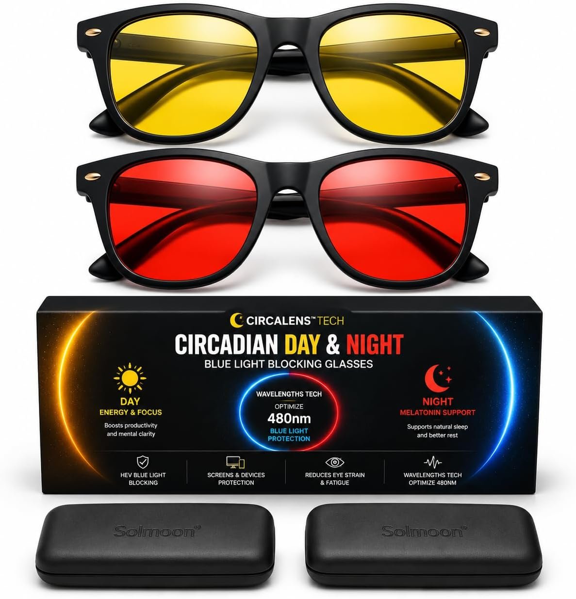 Solmoon – Blue Light Glasses – Day Signal Yellow Lens & Night Signal Red Lens | 24H Circadian System | Tritan™ BPA Free