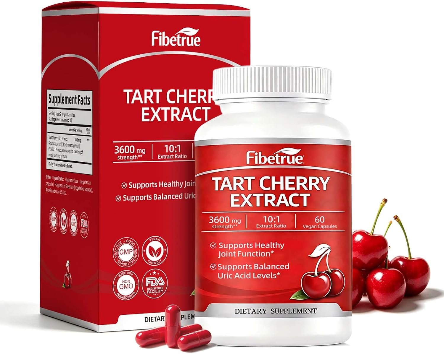 Tart Cherry Extract Capsules 3600mg (10:1) – Montmorency Cherry for Joint Comfort & Uric Acid Balance – Antioxidant Support – Vegan, Non-GMO – 60 Capsules