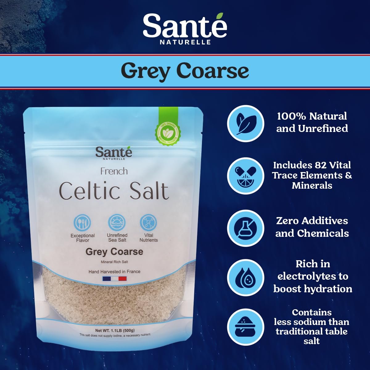 Sante Naturelle Celtic Salt Organic Grey Coarse Bundle – 8oz Shaker & 1.1lb (18oz) Bag – Unrefined French Sea Salt from the coast of France, Rich in 82+ Minerals, 100% Natural & Hand Harvested