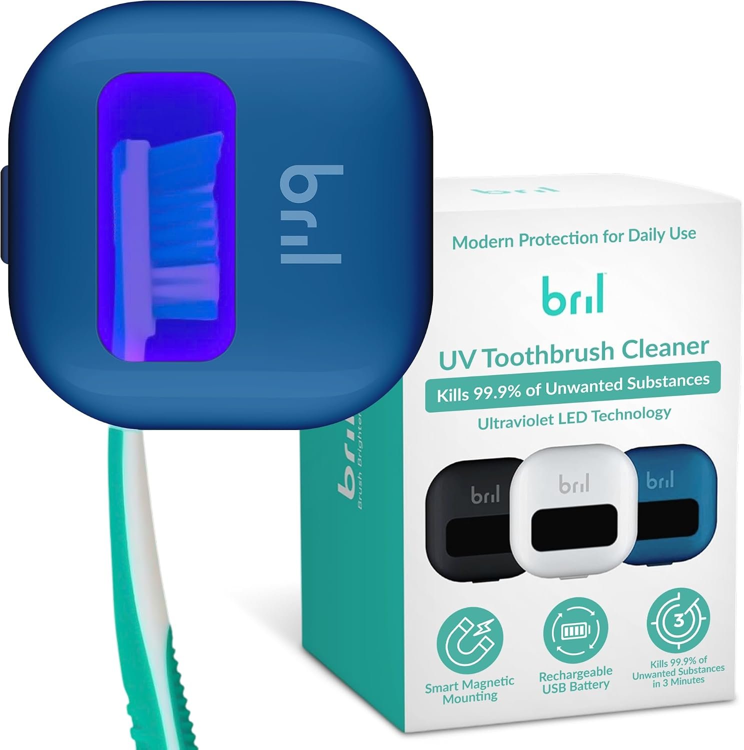Bril UV-C Toothbrush Sanitizer and Holder – Wall Mounted, Rechargeable, 30-Day Battery, Magnetic Mount, Fits Electric and Manual Brushes, Portable Travel Case, Auto-Shutoff – Navy