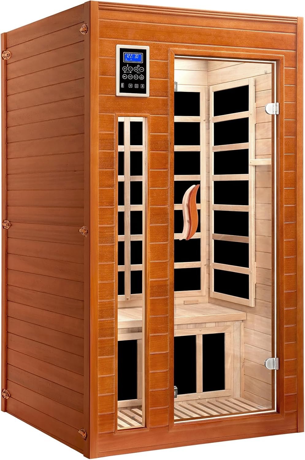 X-Vcak 1-2 Person Infrared Sauna, Dry Heat Sauna with Red Light Therapy, Bluetooth, Radio, 7-Color Therapy Light for Home, Indoor, Gym, Wellness Center, 40″ x 36″ x 73″, Brown