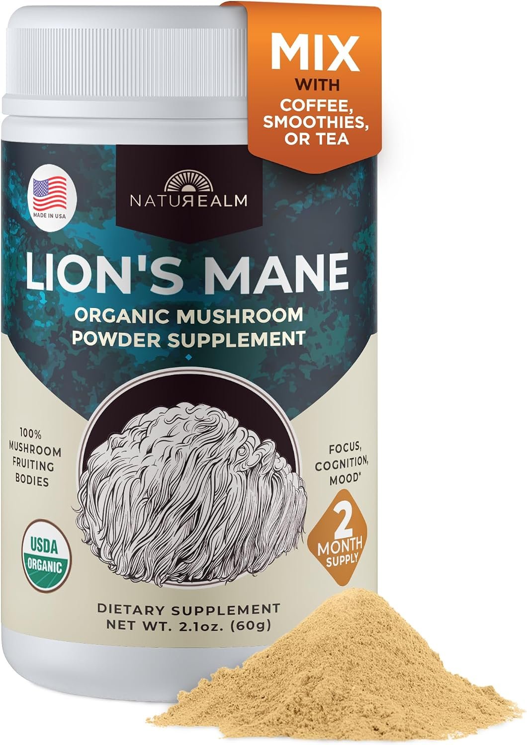 Naturealm Lions Mane Mushroom Powder, 2-Month Supply, 1000mg Per Serving