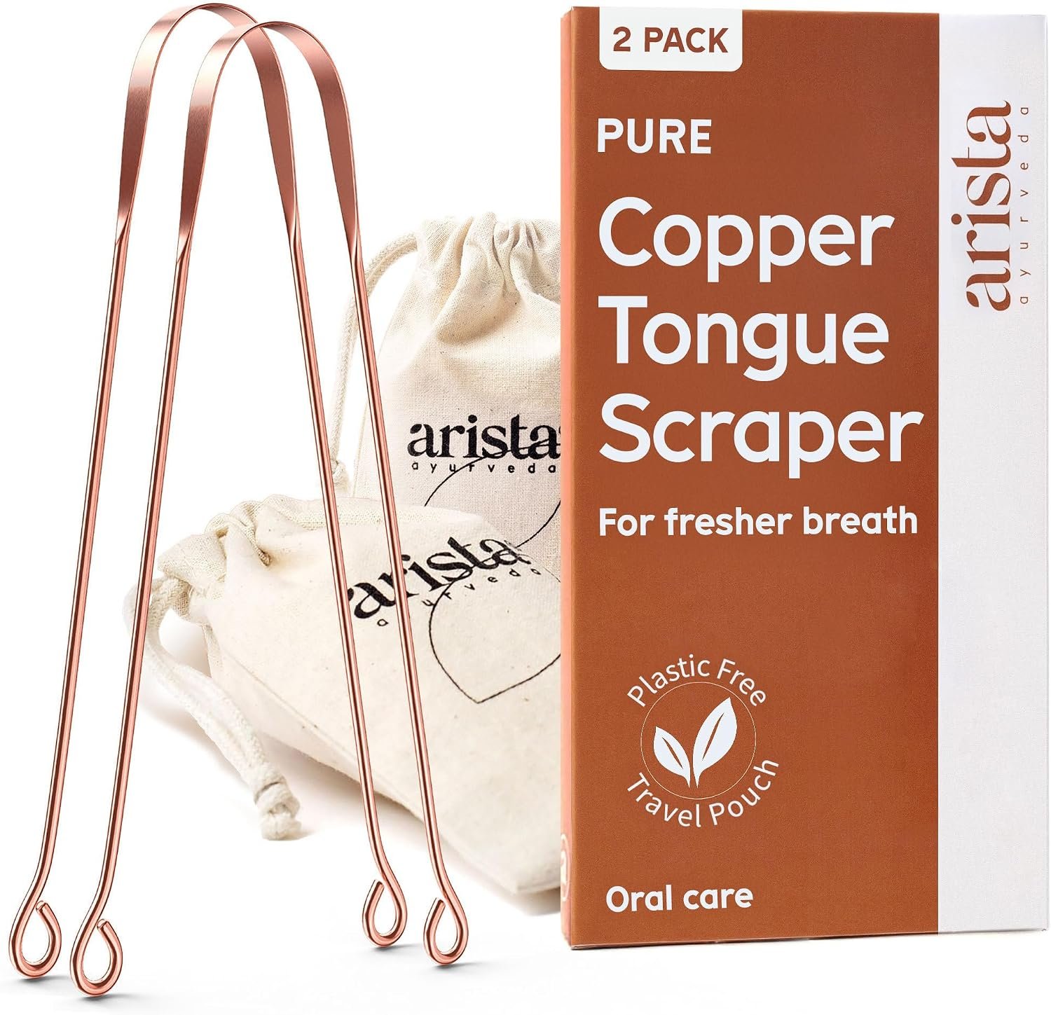 Arista 100% Copper Tongue Scraper for Adults & Kids – Metal Tongue Scraper Copper for Bad Breath, Oral Care & Hygiene – 2 Pack with Travel Pouches