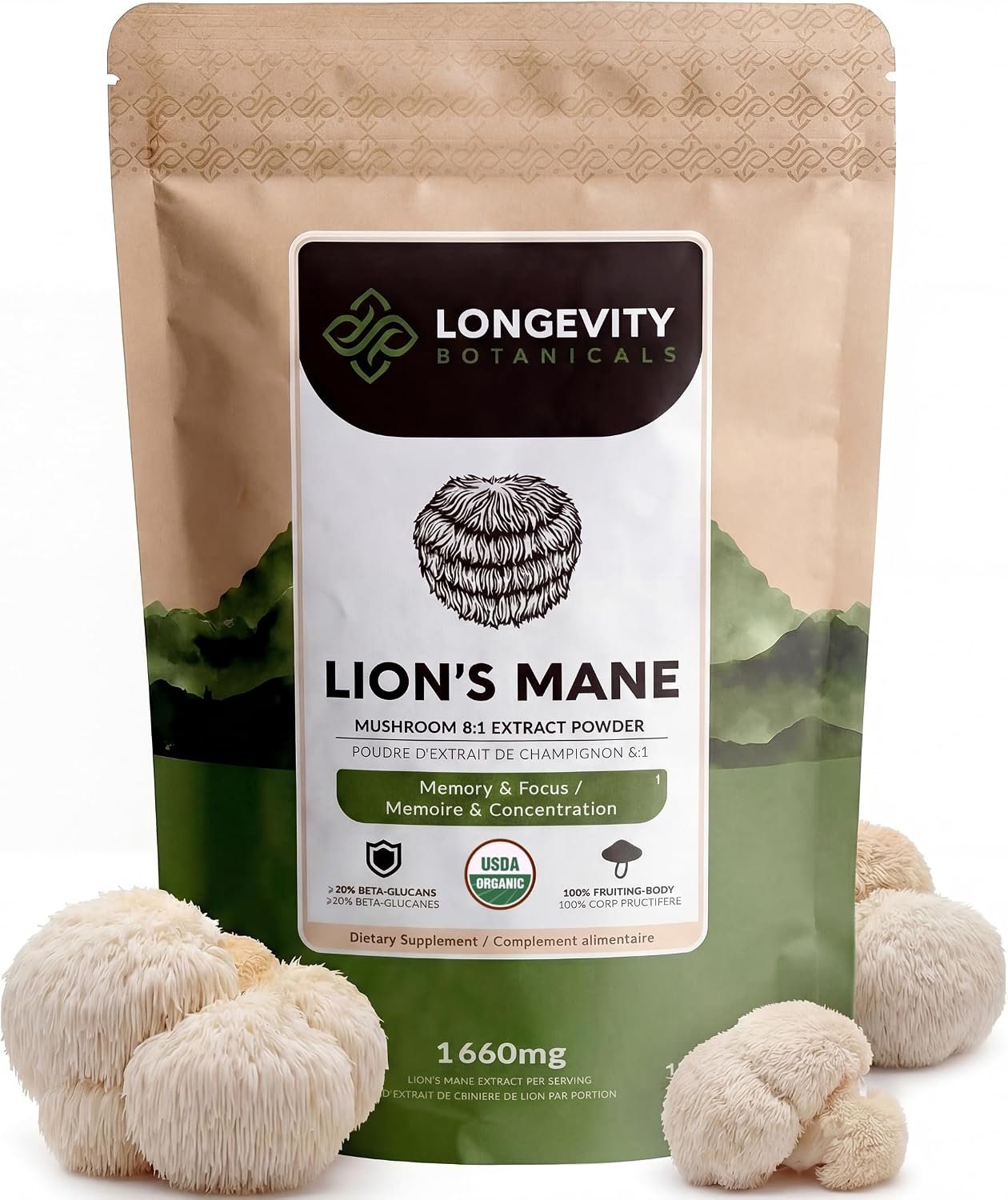 Organic Lion’s Mane Mushroom Powder Supplement Extract | Hericium erinaceus