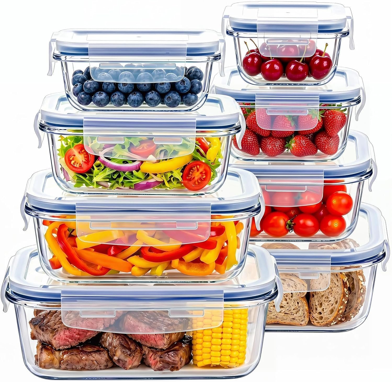 8 Pack Glass Food Storage Containers with Lids(Blue)