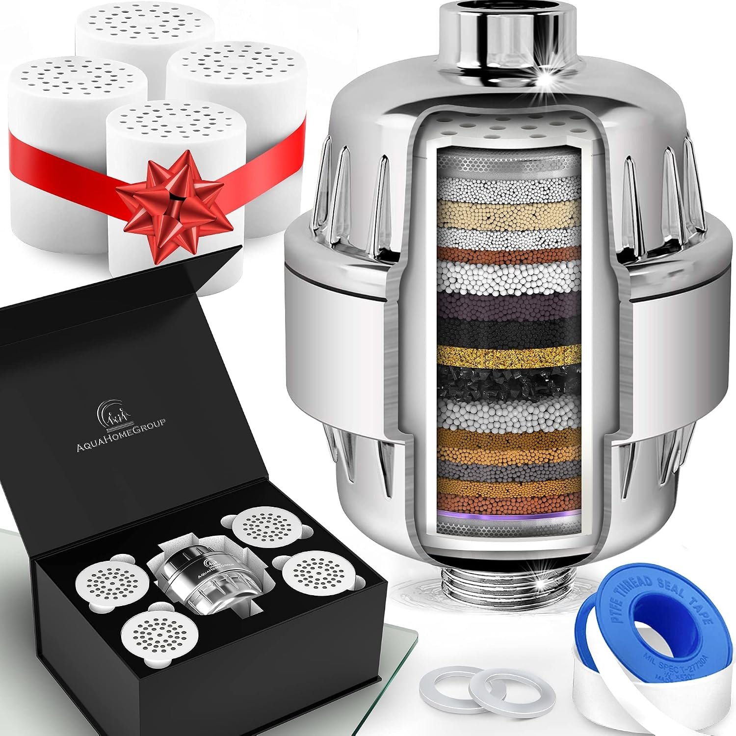 AquaHomeGroup Shower Head Filter — 20-Stage + 5 Replacement Cartridges — Reduces Chlorine and Other Chemicals — Vitamin C, E & A Shower Filter for Healthier Skin & Hair