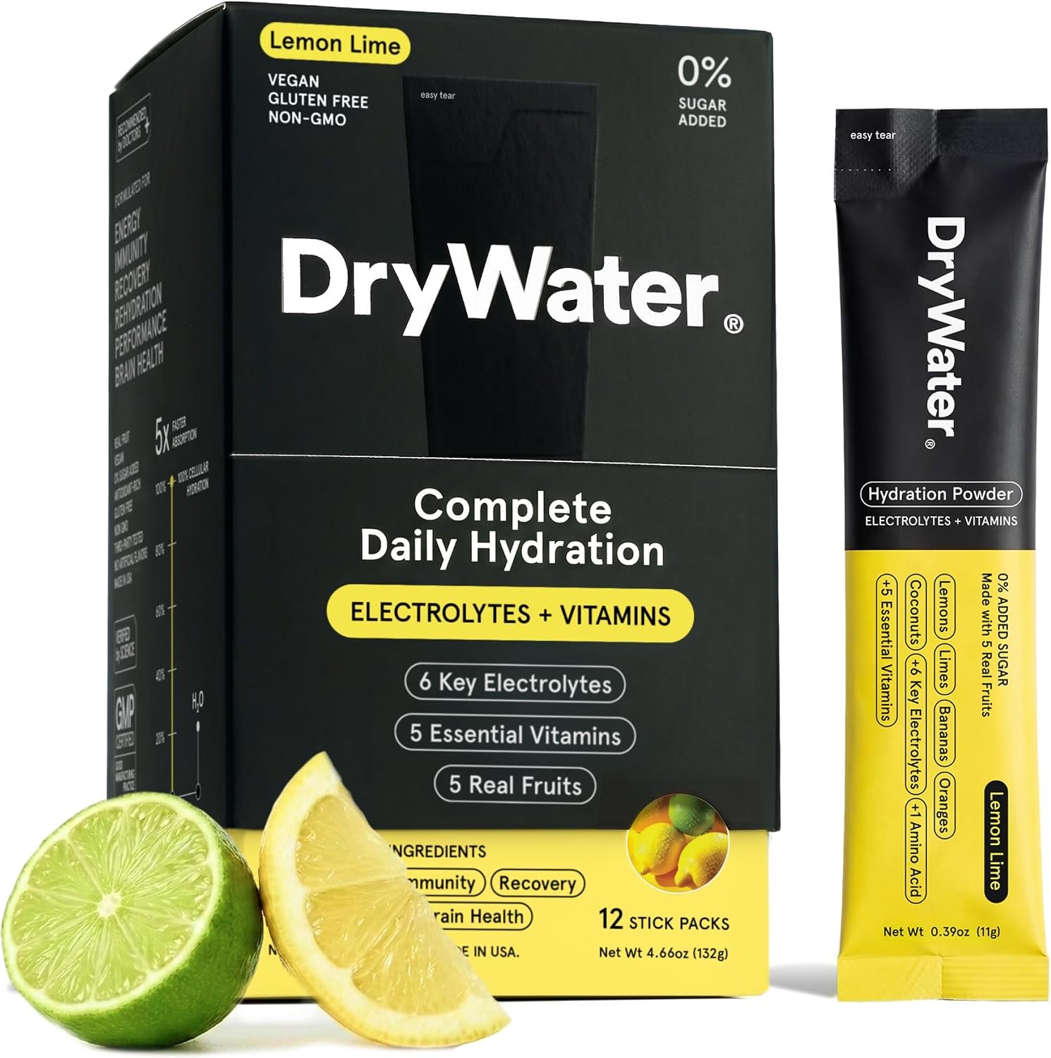 DryWater Electrolytes + Vitamins Hydration Packets, Lemon Lime 12 Pack