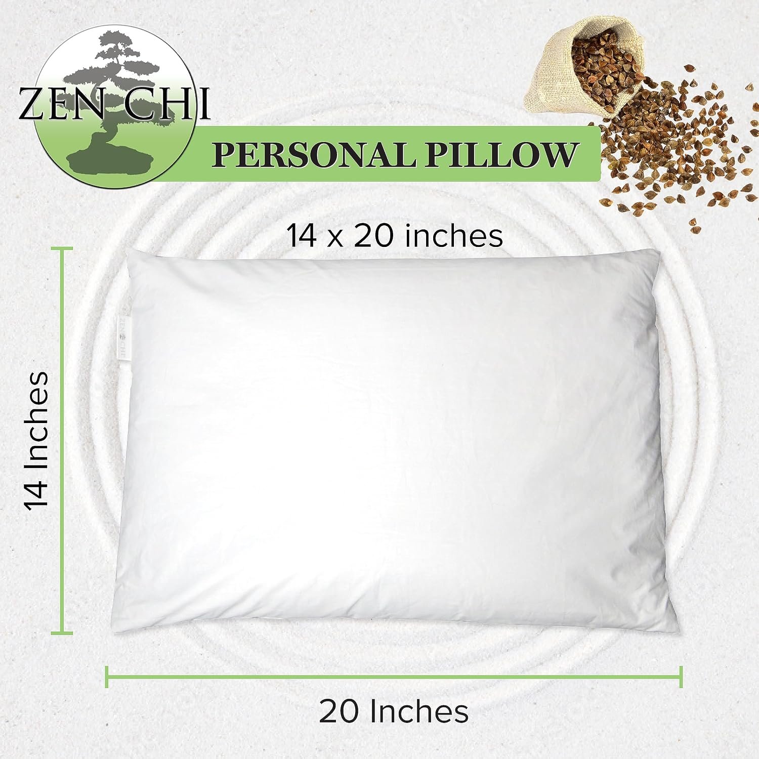 ZEN CHI Organic Buckwheat Hulls Pillow, Personal Standard Size 14″x20″