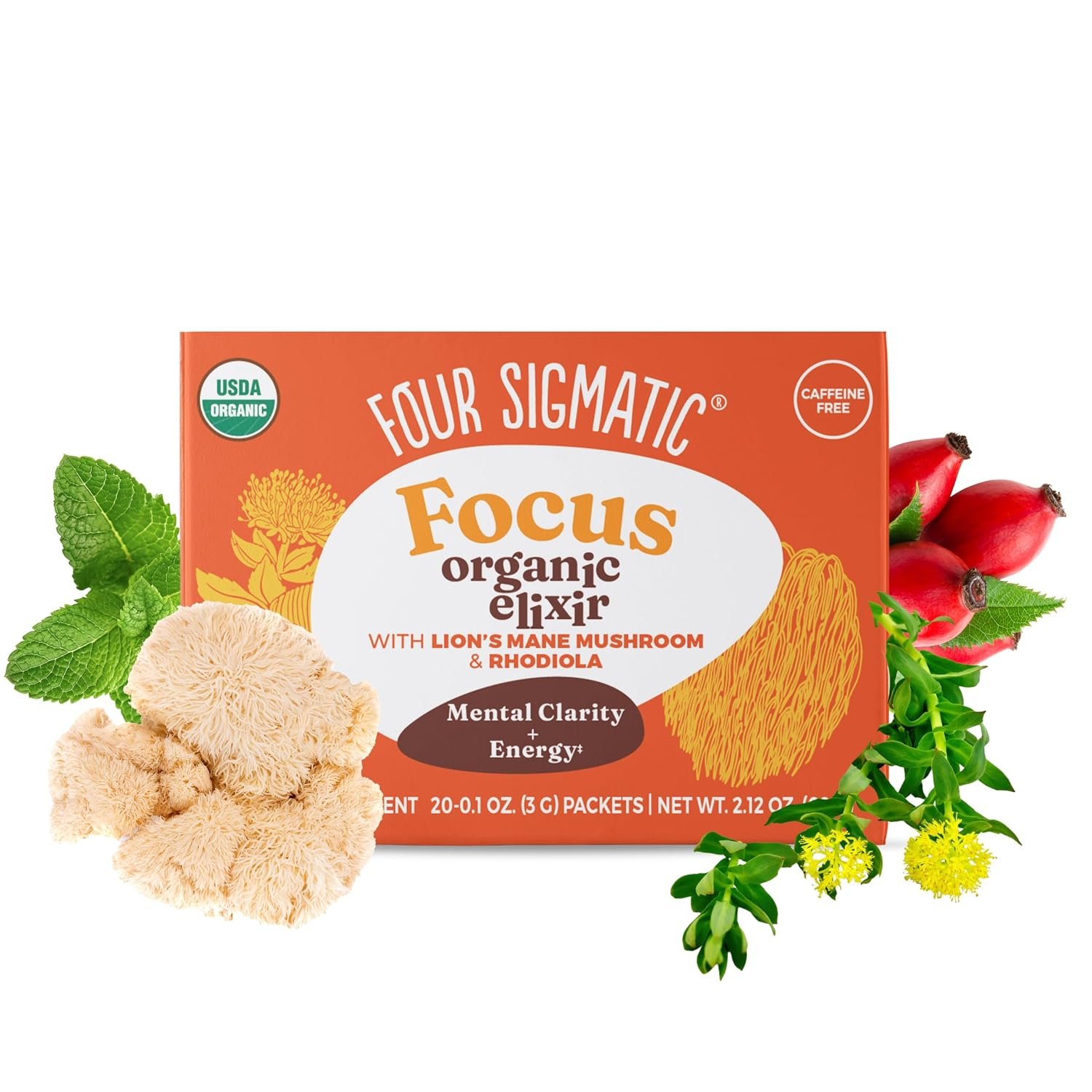 Four Sigmatic Lion’s Mane Focus Elixir Mushroom Coffee Alternative | Organic Lion’s Mane Mushroom Powder, Rhodiola & Rose Hips | Immune & Memory Support | Paleo | Pack of 20