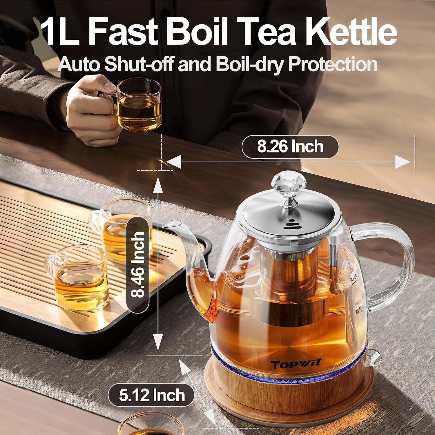 Topwit 1L Glass Electric Kettle, Gooseneck Electric Tea Kettle, BPA-free