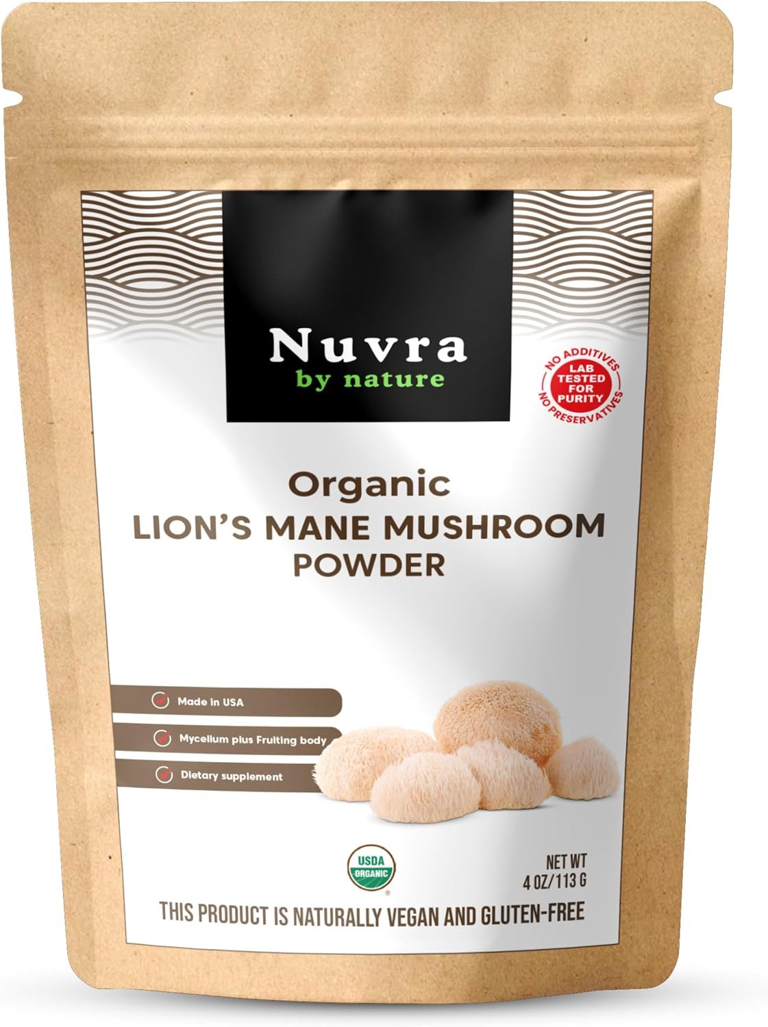 USA-Grown | USDA Organic Nuvra by Nature Organic Lion’s Mane Mushroom Powder Supplement, 4oz | Supports Memory, Focus & Cognition | Brain & Nerve Health | Vegan, Gluten-Free