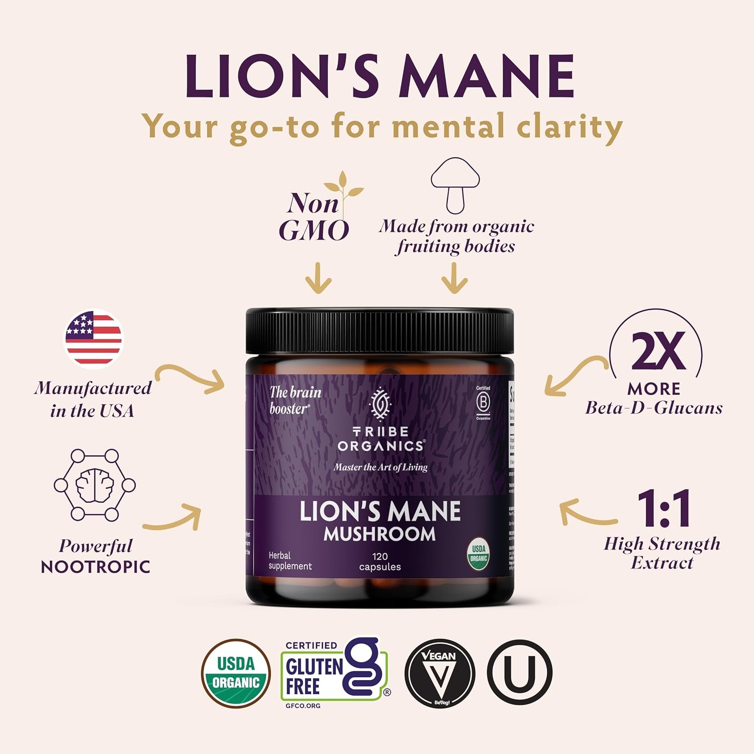TRIBE ORGANICS Lion’s Mane Supplement Capsules, Mushroom Extract, 120ct