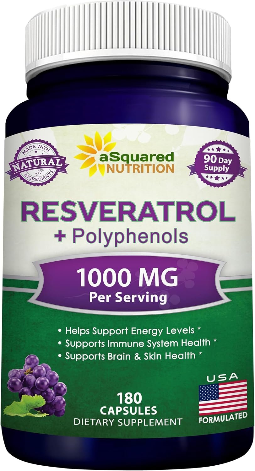 aSquared Nutrition Natural Resveratrol with Red Wine Extract – 180 Capsules – Trans Resveratrol Antioxidant Supplement Pills for Pure Heart Health – Extra Strength Trans-Resveratrol