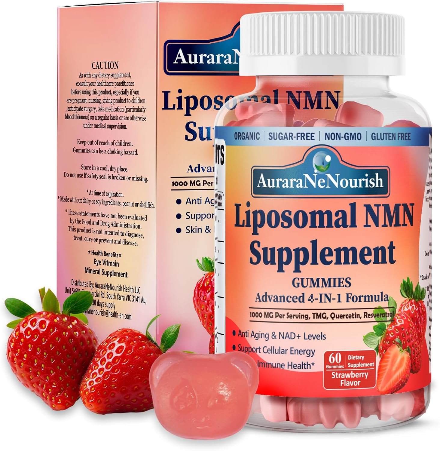 NMN Supplement 1000mg Pure, 4-in-1 Liposomal NMN Resveratrol Supplement Gummies w.Quercetin & TMG, Nicotinamide Mononucleotide NAD+ Precursor for NAD+ Levels, Cellular Energy & Healthy Aging, 60 Count