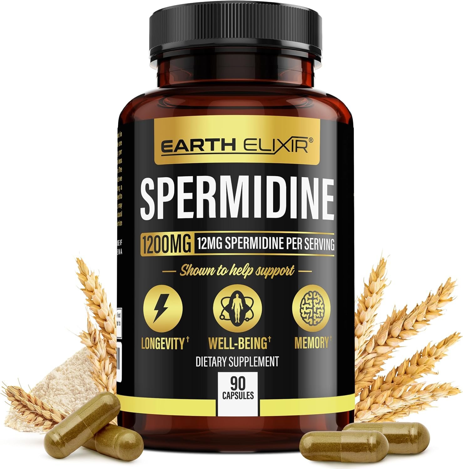 Earth Elixir Spermidine Supplements 1200mg (90 Capsules) – Anti Aging – 3rd Party Tested (12mg Spermidine Powder) Max Purity – 100% Pure Espermidina- Fermented Wheat Germ Extract – NMN Alternative