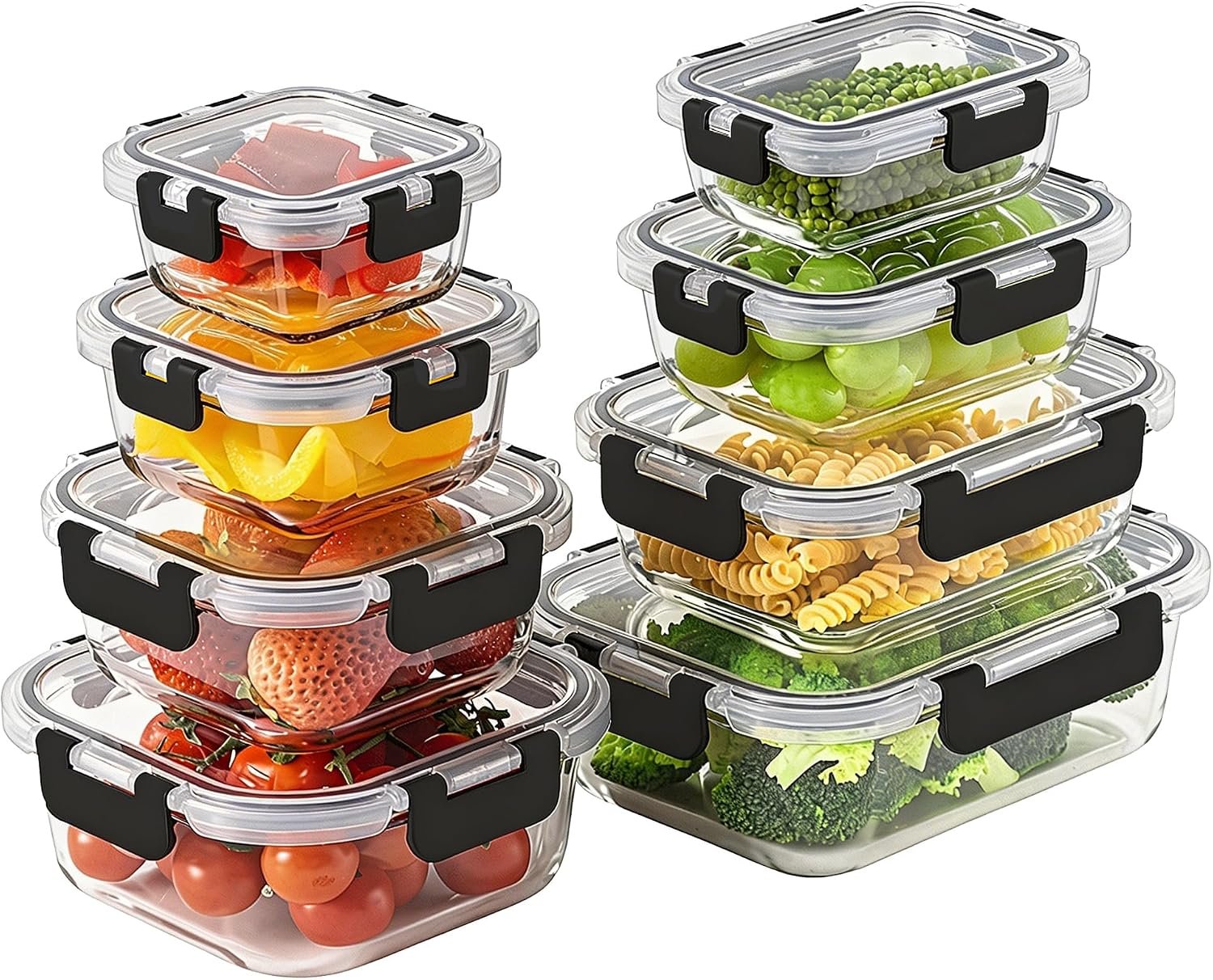 8 Pack Glass Food Storage Containers with Snap Locking Lids for Meal Prep