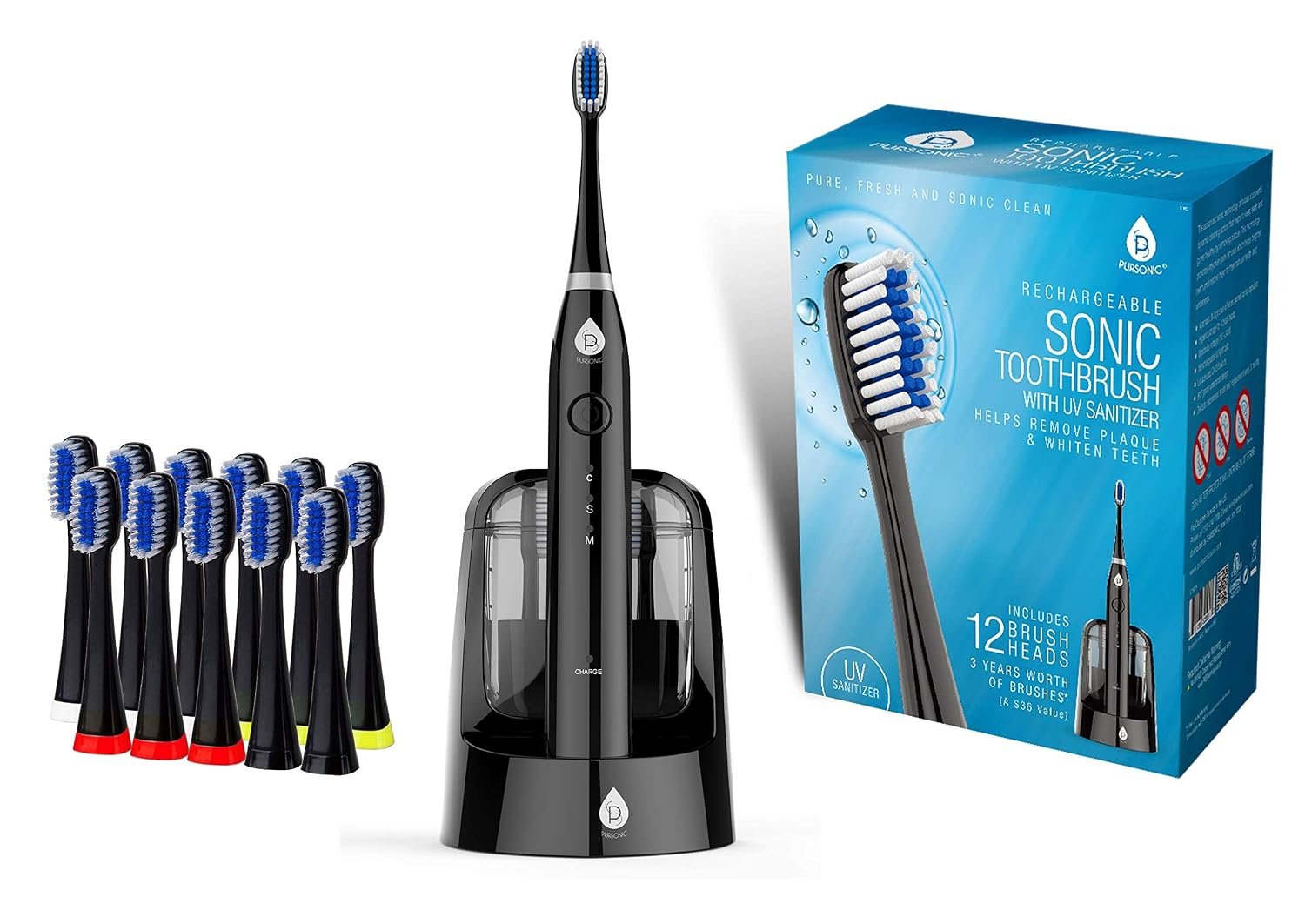 Pursonic S750 Sonic Toothbrush (Black) — Smart Series Electronic Power Rechargeable Battery Toothbrush for Adults — 12 Bonus Brush Heads