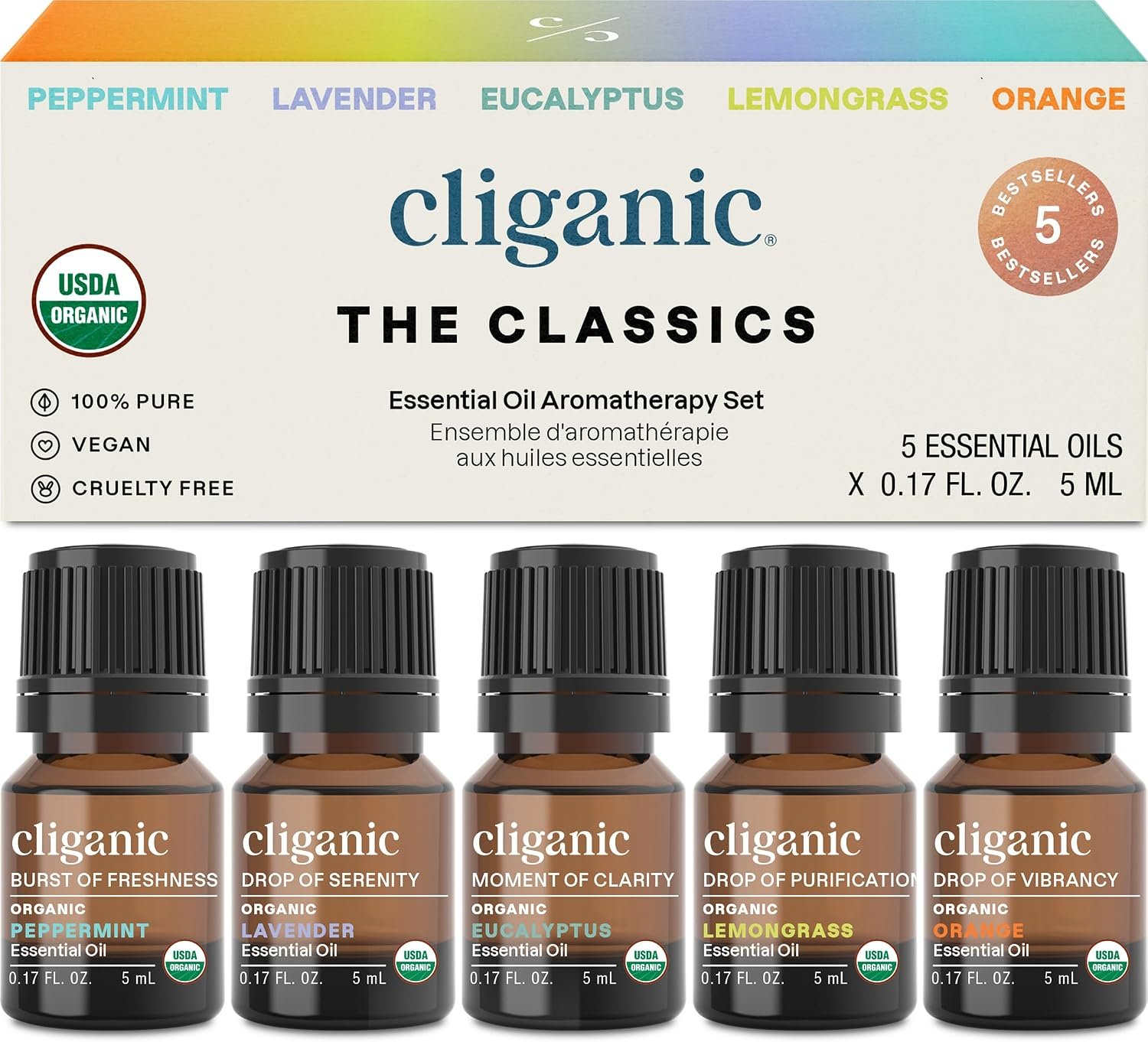 Cliganic Organic Essential Oils Set for Home Diffuser, 100% Pure, Top 5
