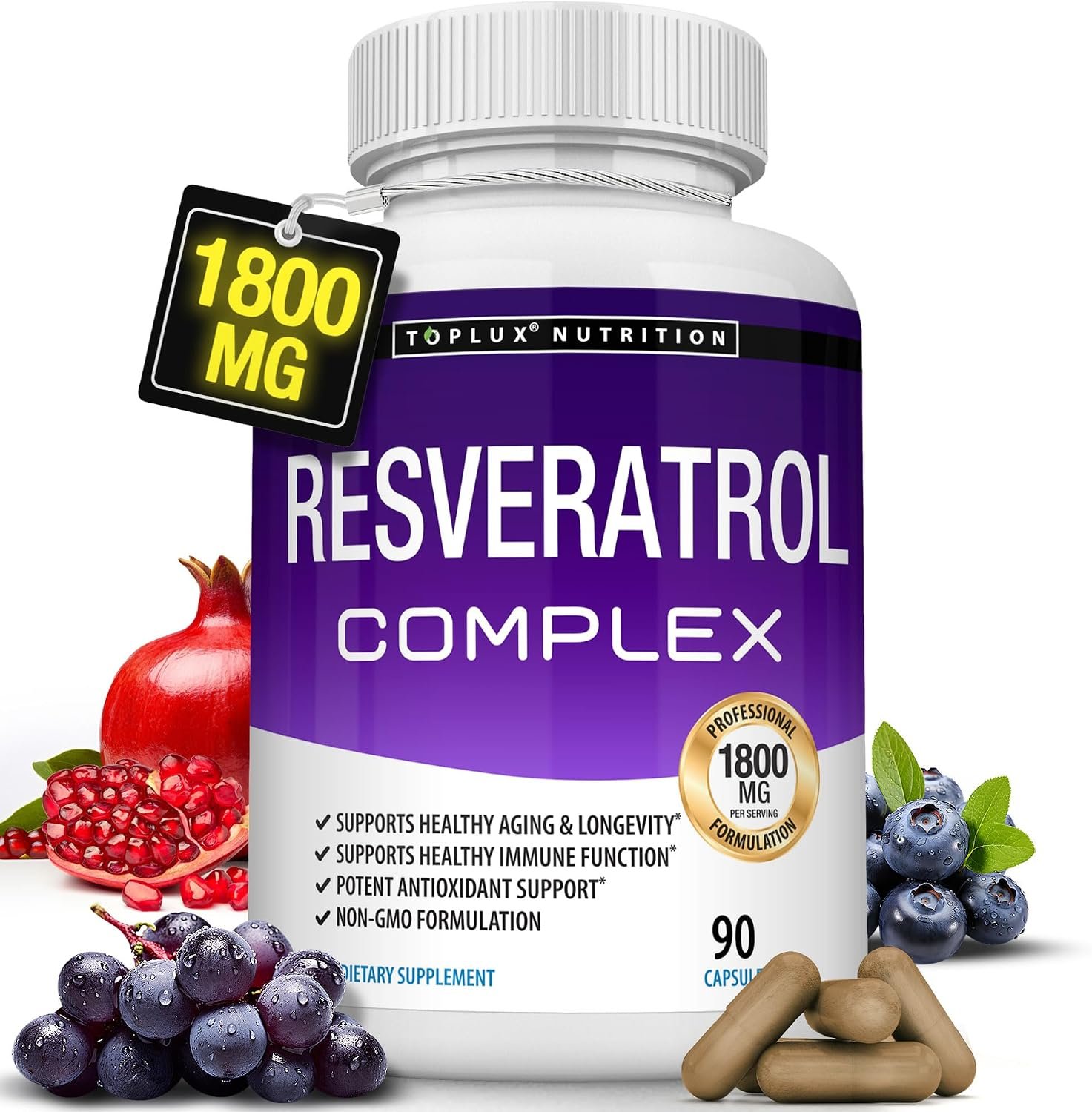 Resveratrol Supplement 1800 mg Antioxidant Complex – Highly Potent Natural Trans-Resveratrol Pills for Healthy Aging, Overall Health Support, Immune System, Brain Function, for Men Women, 90 Capsules