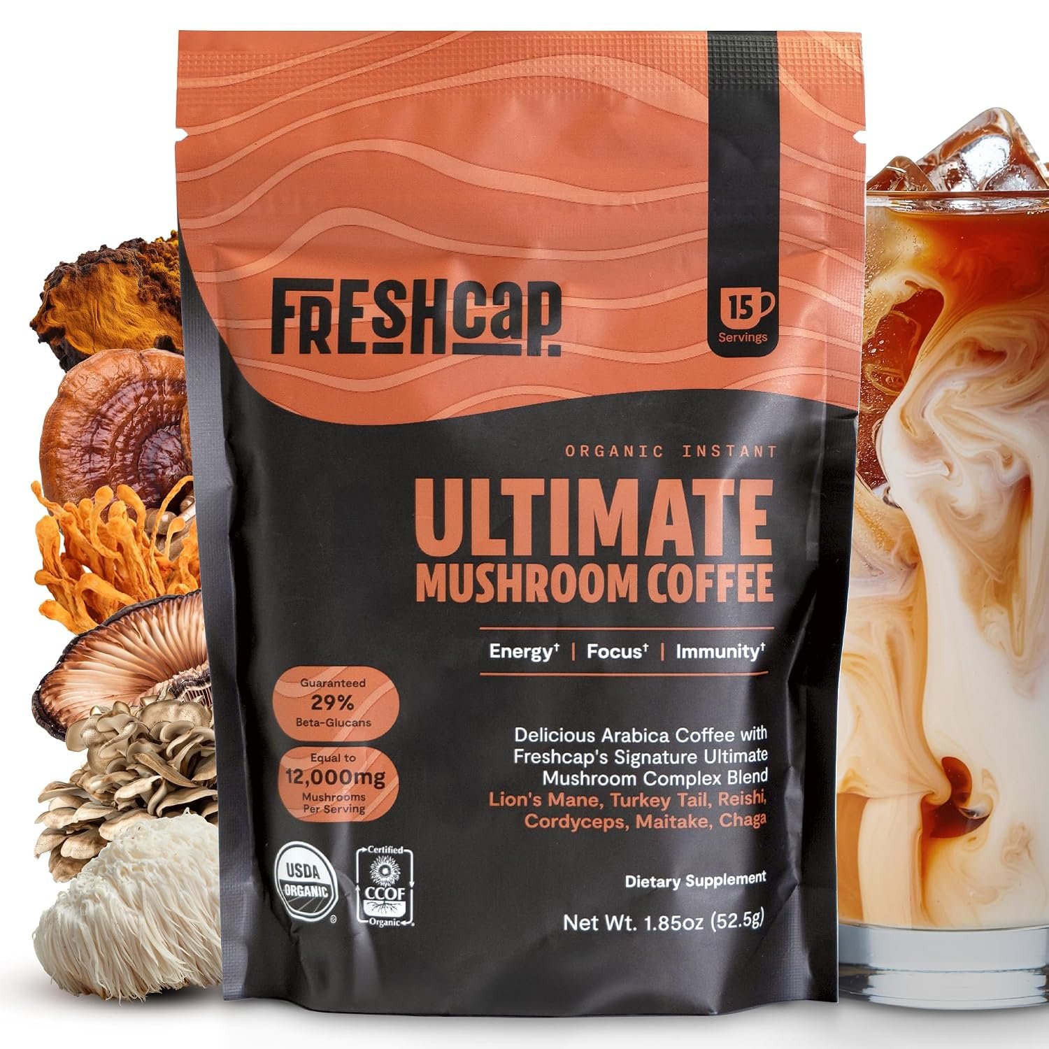 Freshcap Premium Mushroom Coffee, Organic Instant Coffee, 15 Servings