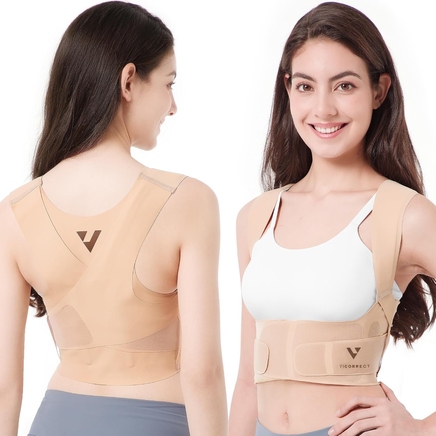 Vicorrect Adjustable Posture Corrector for Women: Invisible Under Clothes – Comfortable Back Support Bra for Upper Back Neck Shoulder Pain Relief – Ideal for Sitting Exercise Daily Wear (Beige Medium)
